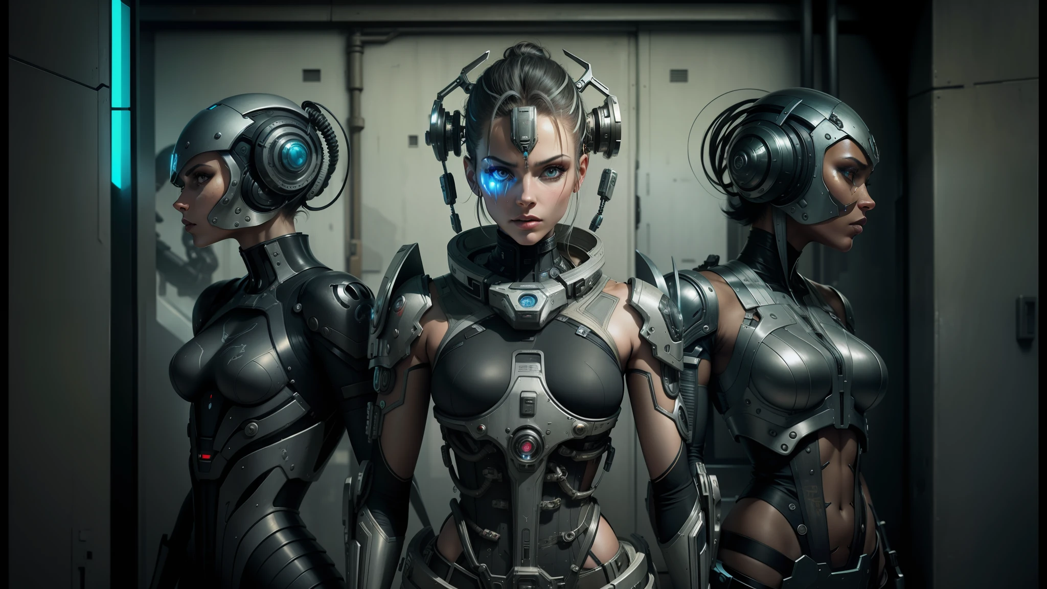 three women in futuristic costumes stand in a doorway, stefan gesell, cyberpunk women, dieselpunk cyborgs, beautiful female cyborg, yasuke 5 0 0 px models, biomechanical garment, angry female cyborg, beautiful cyborg woman, perfect cyborg female, beautiful alluring female cyborg, cyborg fashion shot, biomechanical dress, female cyborg, cyborg fashion model --auto --s2