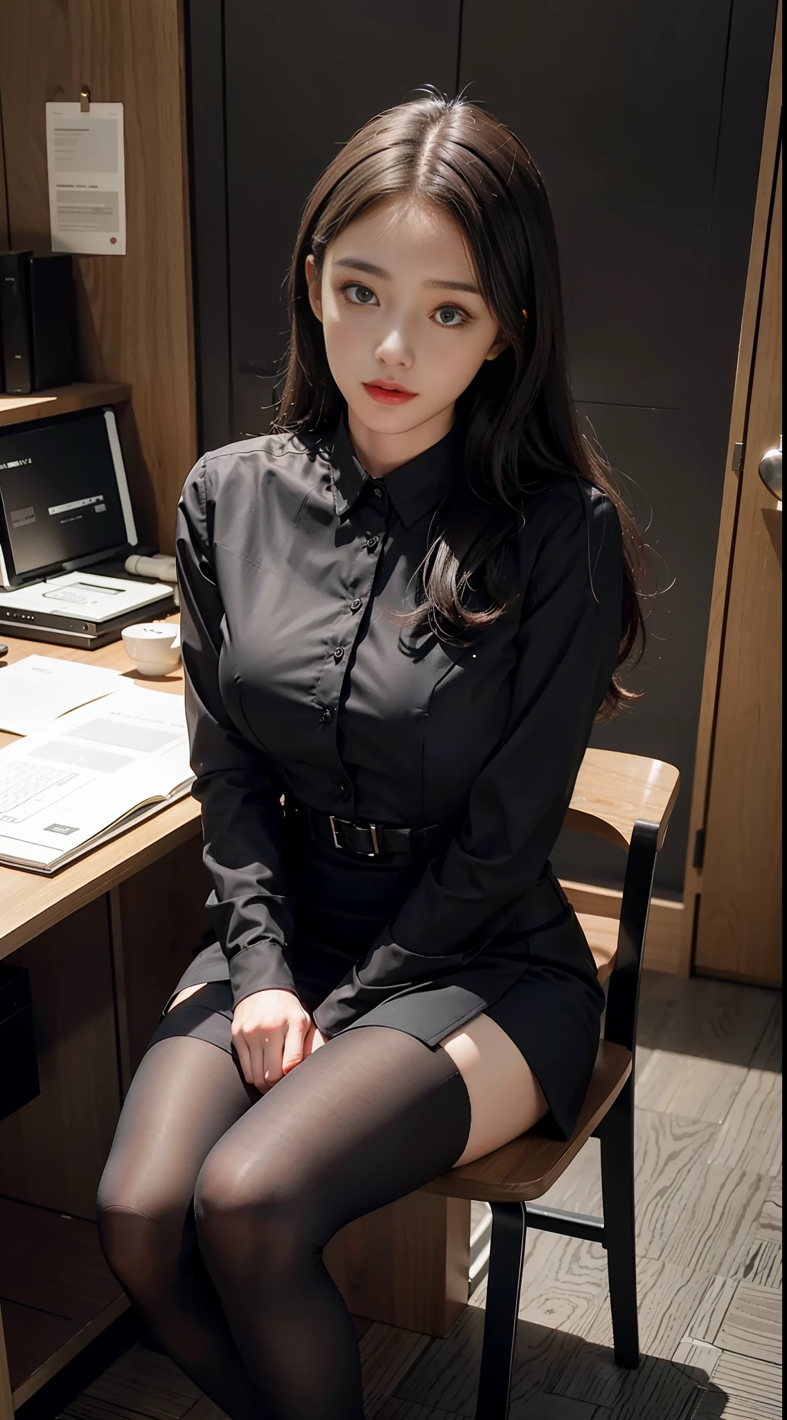 Best quality, full body portrait, delicate face, pretty face, 25 year old woman, slim figure, medium bust, OL uniform, office clothes, black stockings, office scene, sitting position