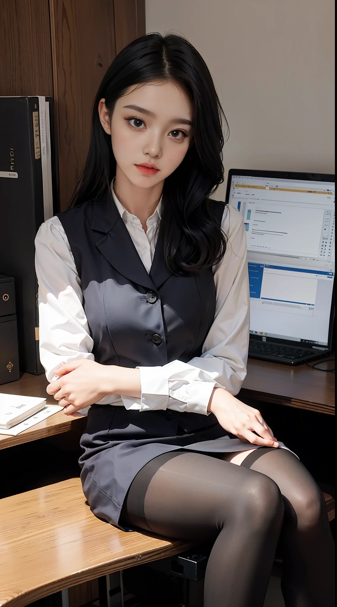 Best quality, full body portrait, delicate face, pretty face, 25 year old woman, slim figure, medium bust, OL uniform, office clothes, black stockings, office scene, sitting position