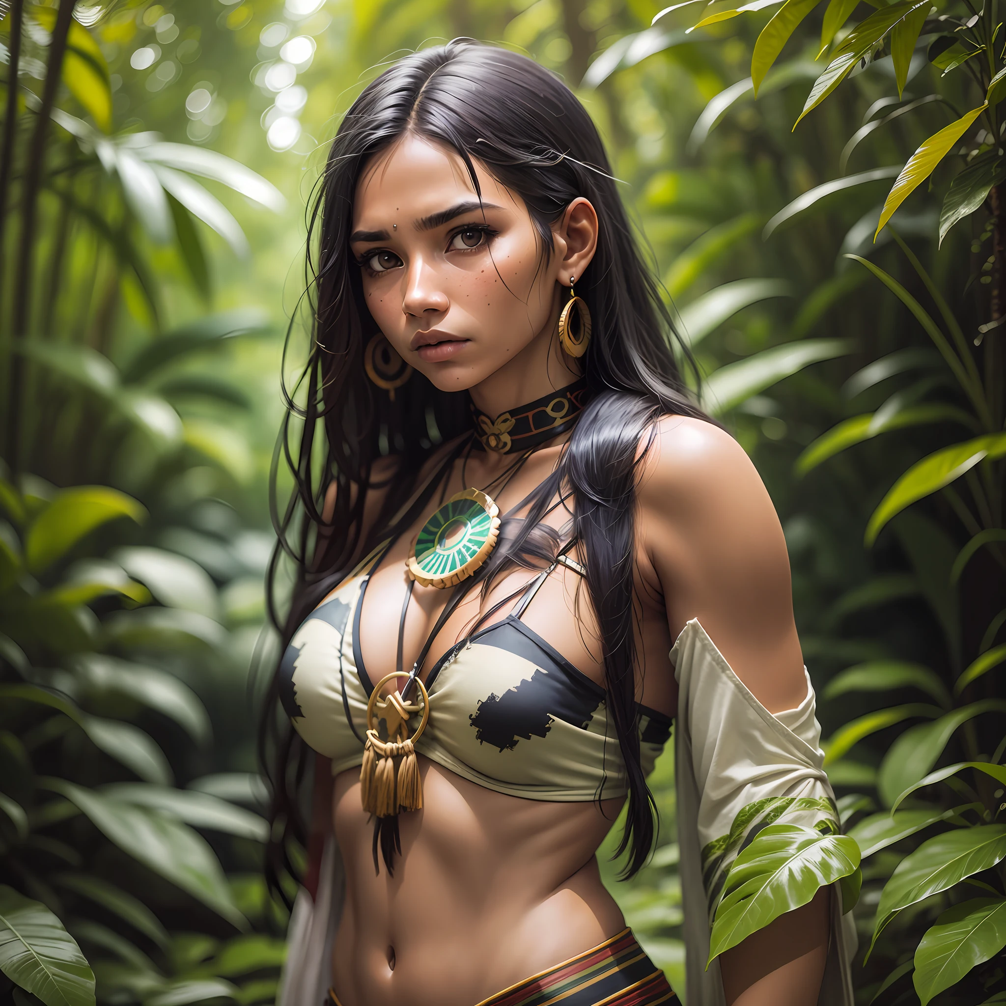 photography, half body, woman, 20 years old, indigenous, amazon rainforest, dramatic environment, blurred background --auto --s2