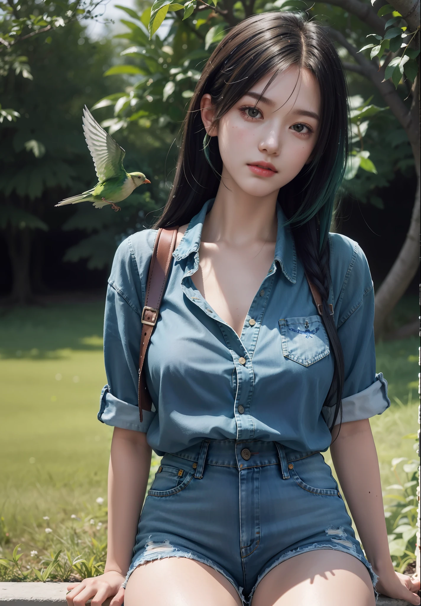 Best Quality, Masterpiece, Ultra High Resolution, (Realisticity: 1.4), Original Photo, 1Girl, Tifa, Film Lighting, Outdoor, Green Space, Birds Singing, Conservative Dress, Denim Shorts, Loose Patterned Shirt, Lower Abdomen, Fashion Girl, Pick and Dye Gradient Hair,