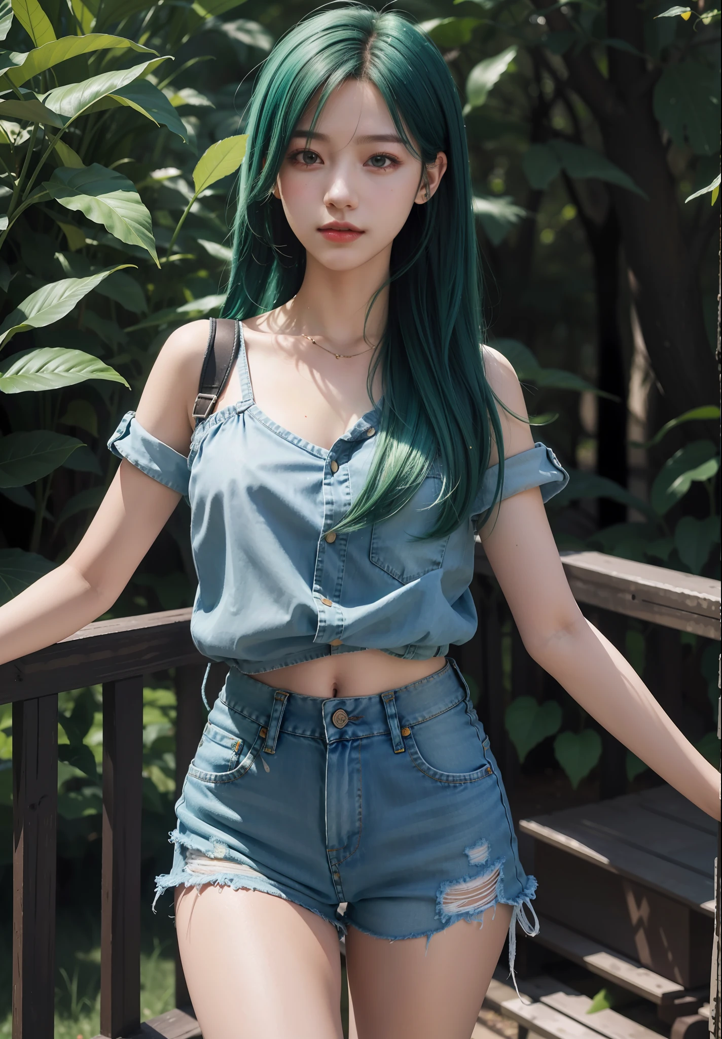 Best Quality, Masterpiece, Ultra High Resolution, (Realisticity: 1.4), Original Photo, 1Girl, Tifa, Film Lighting, Outdoor, Green Space, Birds Singing, Conservative Dress, Denim Shorts, Loose Patterned Shirt, Lower Abdomen, Fashion Girl, Pick and Dye Gradient Hair,