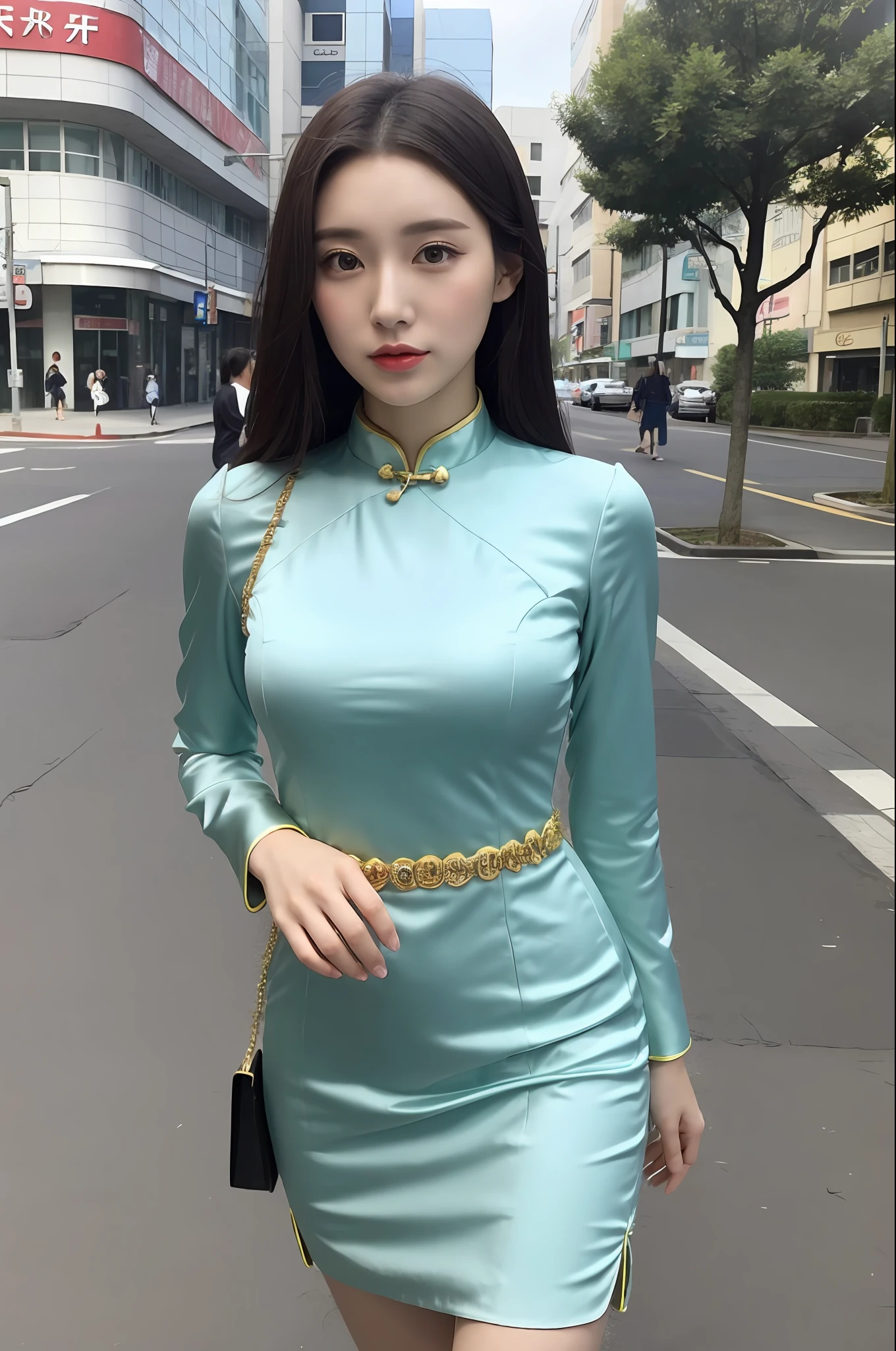 Woman in Chinese dress standing on street corner, bare skin without makeup, bare legs, thighs, chinese girl, chinese woman, (((Huge bust))), beautiful asian girl, gorgeous chinese model, young asian girl, chinese dress, asian girl, asian woman, traditional china, young asian woman, korean girl, cute young young woman, beautiful asian woman, cheongsam, asian woman, Japan model, chinese style, Japan goddess, very tall