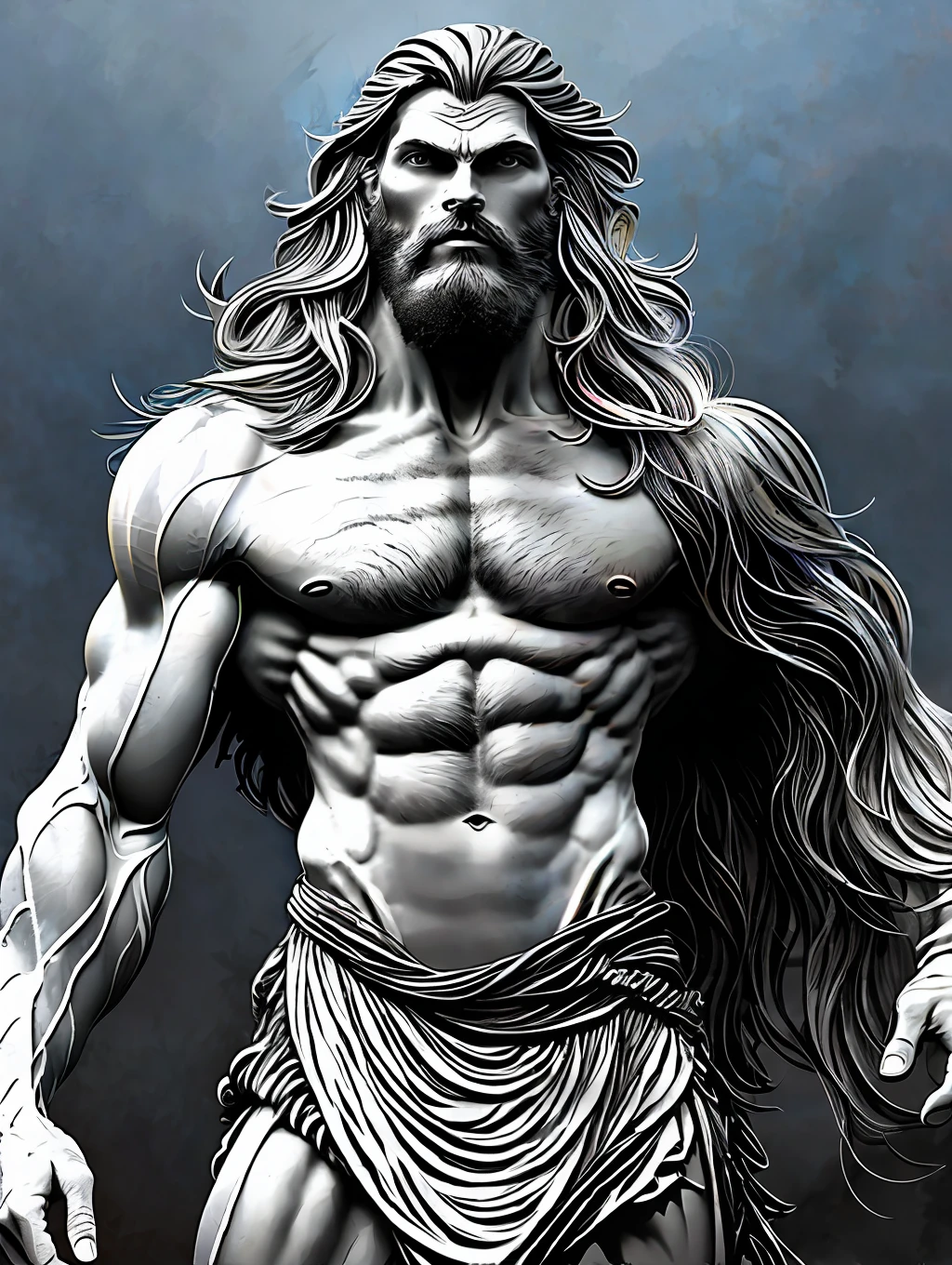 painted portrait of stout zeus, god of thunder, greek god, blond hair, male, mature, handsome, upper body, muscular, hairy torso, fantasy, intricate, elegant, highly detailed, digital painting, art station, concept art, soft, sharp focus, illustration, art by Gaston Bussiere and Alphonse Mucha