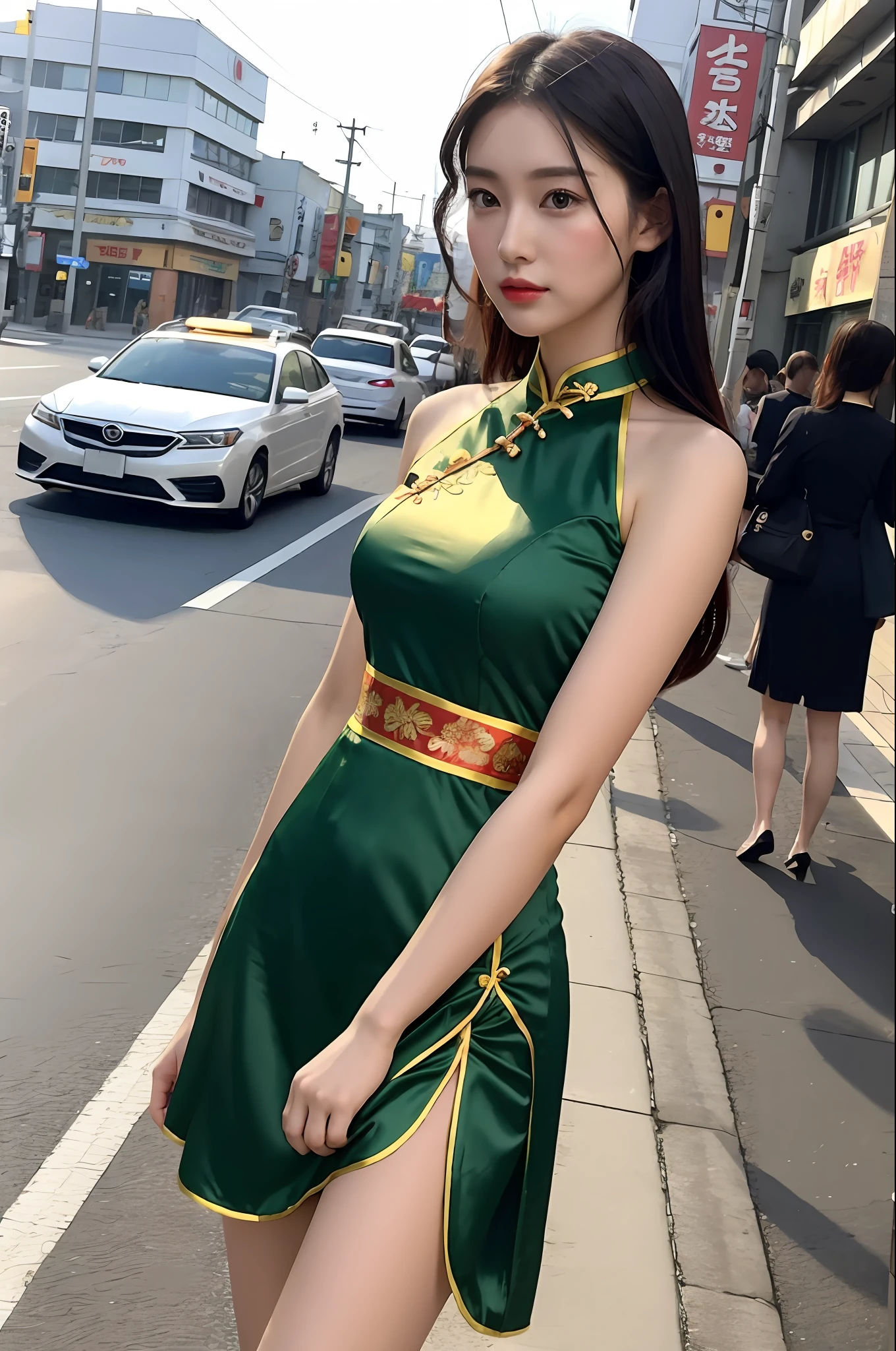 Woman in Chinese dress standing on street corner, bare skin without makeup, bare legs, thighs, chinese girl, chinese woman, (((Huge bust))), beautiful asian girl, gorgeous chinese model, young asian girl, chinese dress, asian girl, asian woman, traditional china, young asian woman, korean girl, cute young young woman, beautiful asian woman, cheongsam, asian woman, Japan model, chinese style, Japan goddess, very tall