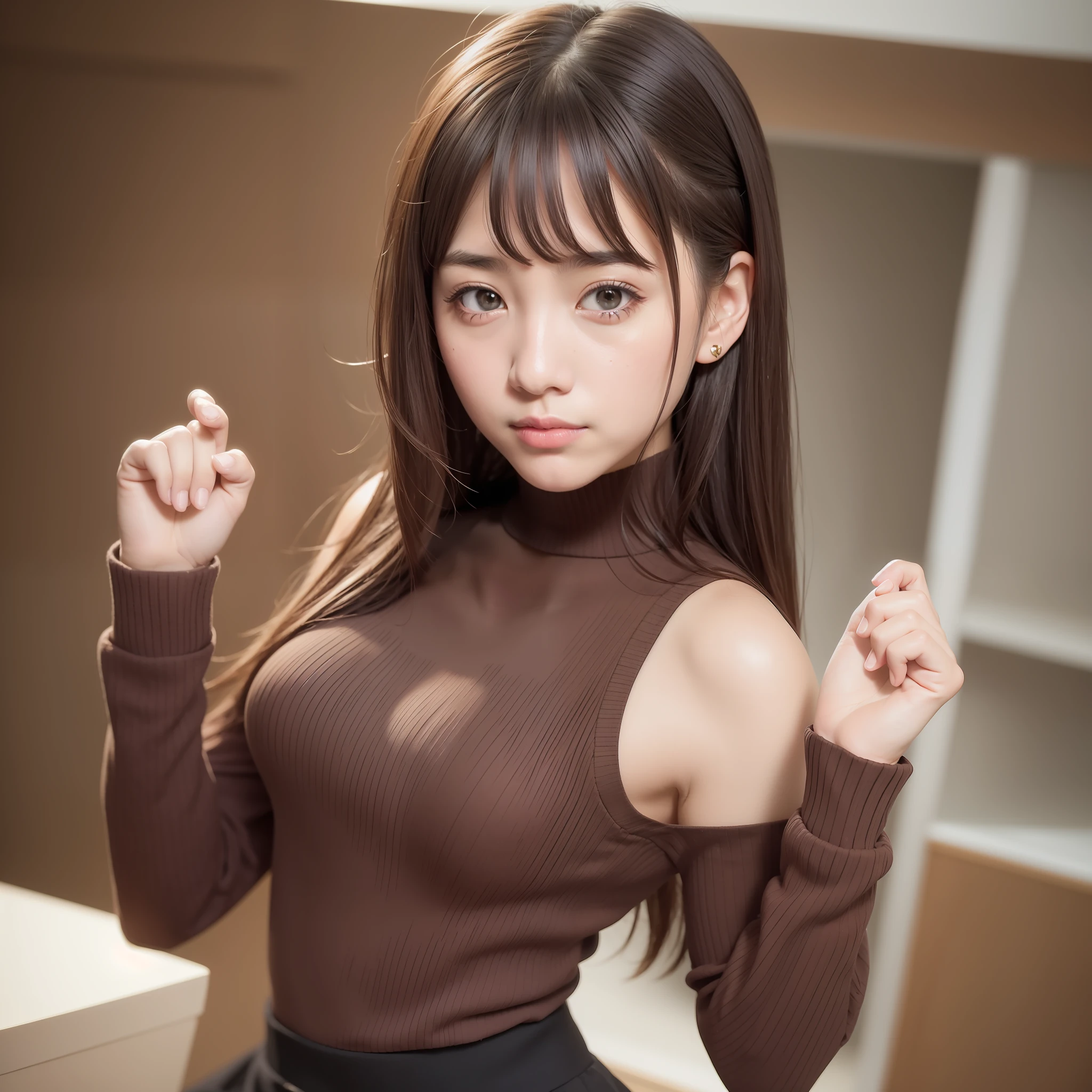 Top Quality, Face Focus, Soft Light, (Depth of Field), Ultra High Resolution, (Photorealistic: 1.4), RAW Photo, (Portrait: 1.4), 1 Japan Girl (Front), Solo, Cute, (Shy, Smile:1.1), (Brown Eyes), Detail Beautiful Face, (midi_hair), Office, Work, Sleeveless, Turtleneck, Knit, tight skirt, raise hands, bust up,