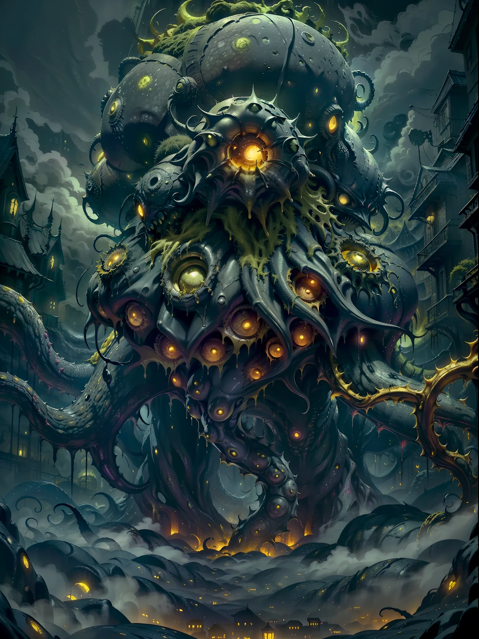 yellow and black, mystical monster, cosmic horror, monstrous creature, Lovecraft, with disgusting tentacles, surrounded by yellow fog, dark shadows, moss and blood, in a dark city, night