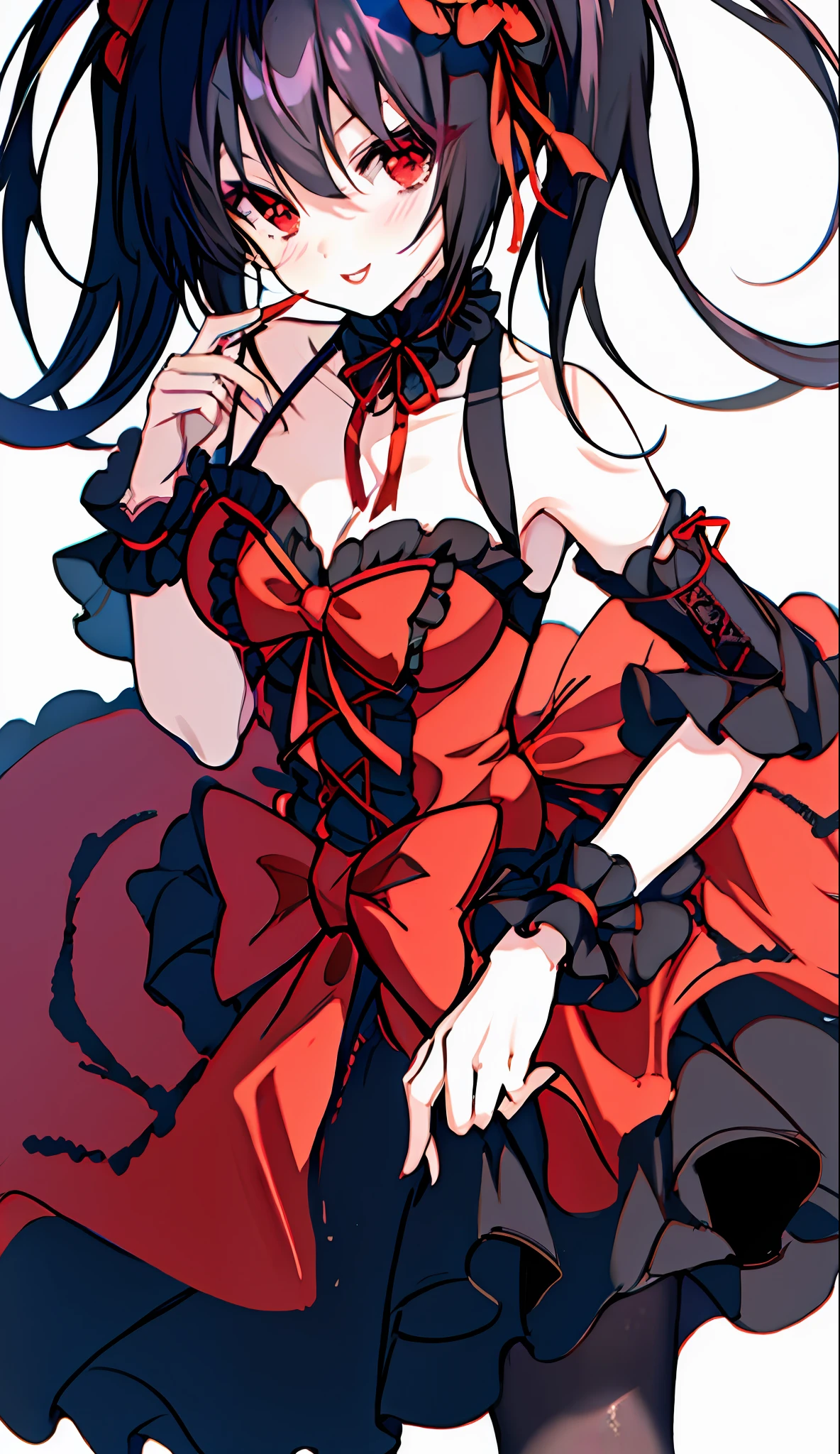 18 Year Old Beautiful Girl, Masterpiece, Top Quality, 8K Anime, 1 Girl, Solo, Detailed Fingers, Precise Fingers, Non-Unnatural Hands, Odd Eye, Red Eyes, Cleavage, Black Hair Twin Tails, Kurumi Tokizaki