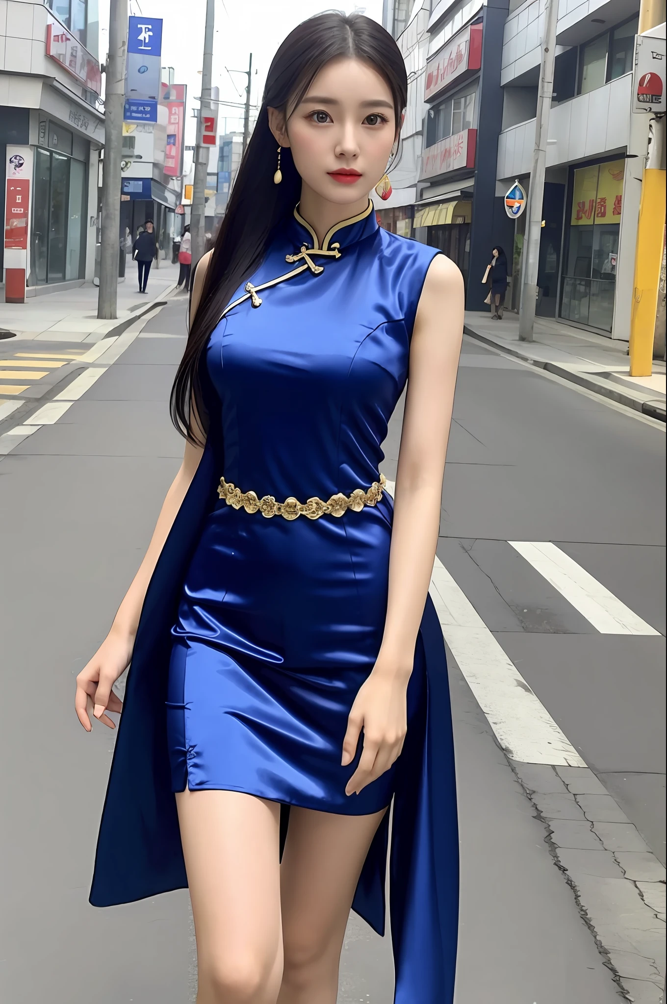 Woman in Chinese dress standing on street corner, bare skin without makeup, bare legs, thighs, chinese girl, chinese woman, (((Huge bust))), beautiful asian girl, gorgeous chinese model, young asian girl, chinese dress, asian girl, asian woman, traditional china, young asian woman, korean girl, cute young young woman, beautiful asian woman, cheongsam, asian woman, Japan model, chinese style, Japan goddess, very tall