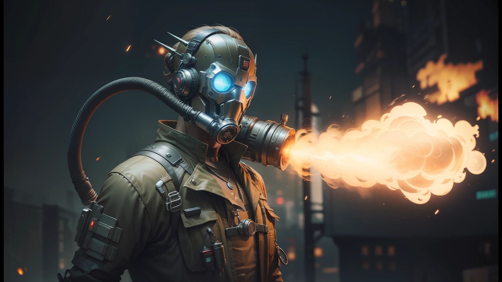 there is a man in a gas mask holding a fire, dieselpunk cyborgs, steampunk cyberpunk, steampunk superhero, cgsociety 9, intricate steampunk imagery, steampunk iron man, cyber steampunk 8 k 3 d, 3d rendered steampunk, high quality steampunk art, epic sci - fi character art, epic sci-fi character art, hyper-realistic cyberpunk style --auto --s2