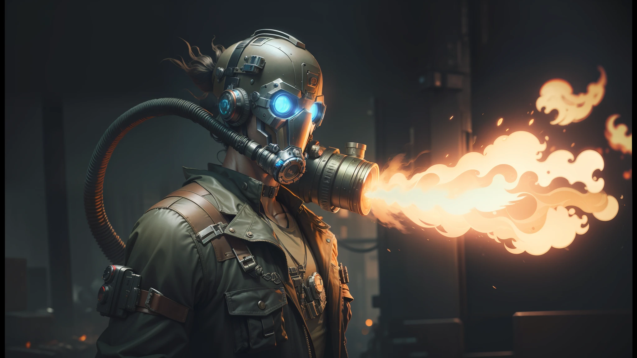 there is a man in a gas mask holding a fire, dieselpunk cyborgs, steampunk cyberpunk, steampunk superhero, cgsociety 9, intricate steampunk imagery, steampunk iron man, cyber steampunk 8 k 3 d, 3d rendered steampunk, high quality steampunk art, epic sci - fi character art, epic sci-fi character art, hyper-realistic cyberpunk style --auto --s2