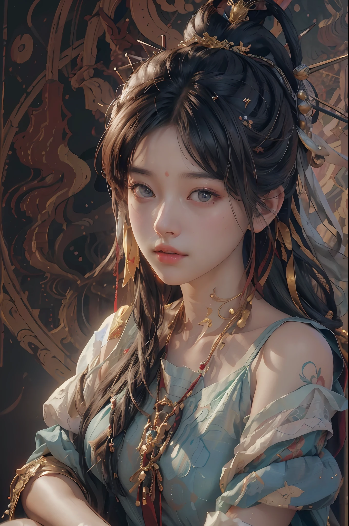 (RAW photo, best quality), (realistic, photo-realistic:1.3),best quality,highly detailed,masterpiece,ultra-detailed,illustration,1girl,upper_body,dynamic angle,world masterpiece theater,messy_long_hair,best quality,extremely detailed CG unity 8k wallpaper,ink,Amazing,cinematic lighting,lens_flare, dunhuang_style