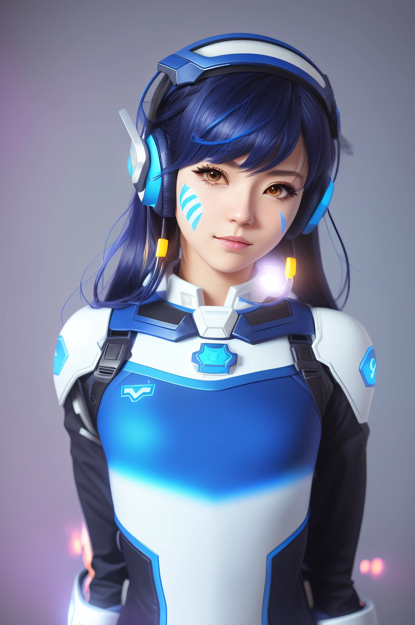 arafed woman in a blue and white uniform with headphones, d. va from overwatch, echo from overwatch, as overwatch character, overwatch inspired, from overwatch, as an overwatch character, overwatch style, overwatch fanart, inspired by Leng Mei, portrait anime space cadet girl, overwatch character, portrait of mei from overwatch, photorealistic anime girl render