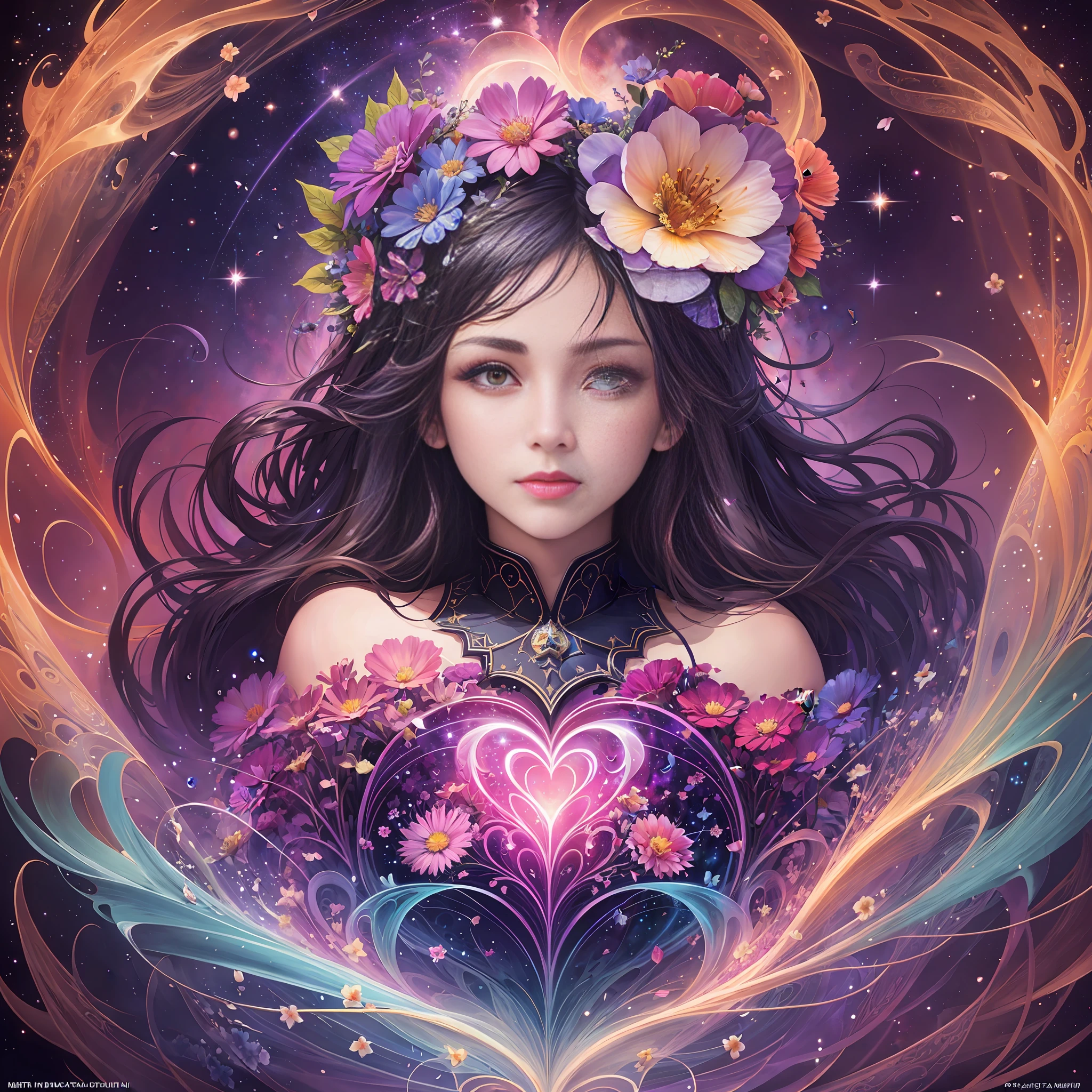 Flowering heart which floating in the starry night, ultra hd detailed,digital art , splash, , centered, symmetry, painted, intricate, volumetric lighting, beautiful, rich deep colors masterpiece, sharp focus, ultra detailed, in the style of Patrice Murciano