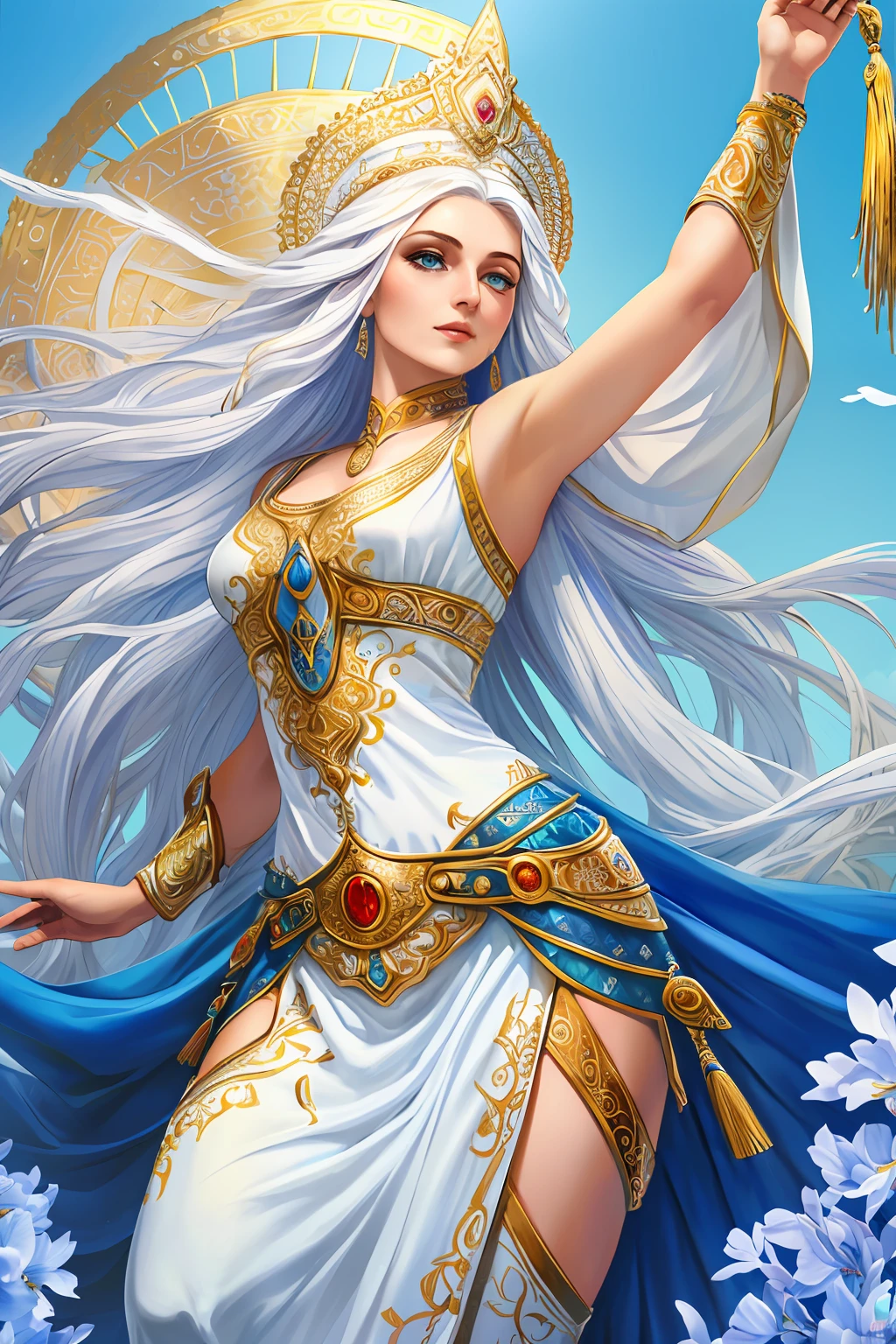 (masterpiece), (best quailty), (best illustration), torino aqua, 1girl, long white hair, blue eyes, white mesopotamia clothes, bare shoulders, divine, (from below, low angle), arms up, tall figure, cowboy shot, (detailed fantasy art),