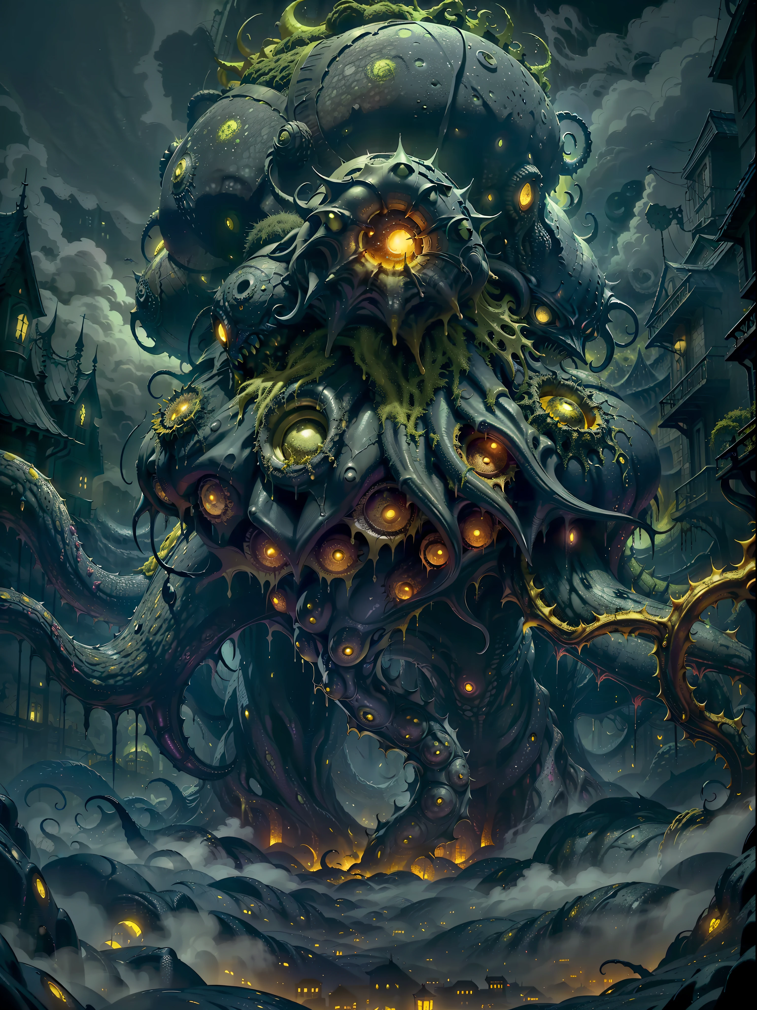 yellow and black, mystical monster, cosmic horror, monstrous creature, Lovecraft, with disgusting tentacles, surrounded by yellow fog, dark shadows, moss and blood, in a dark city, night