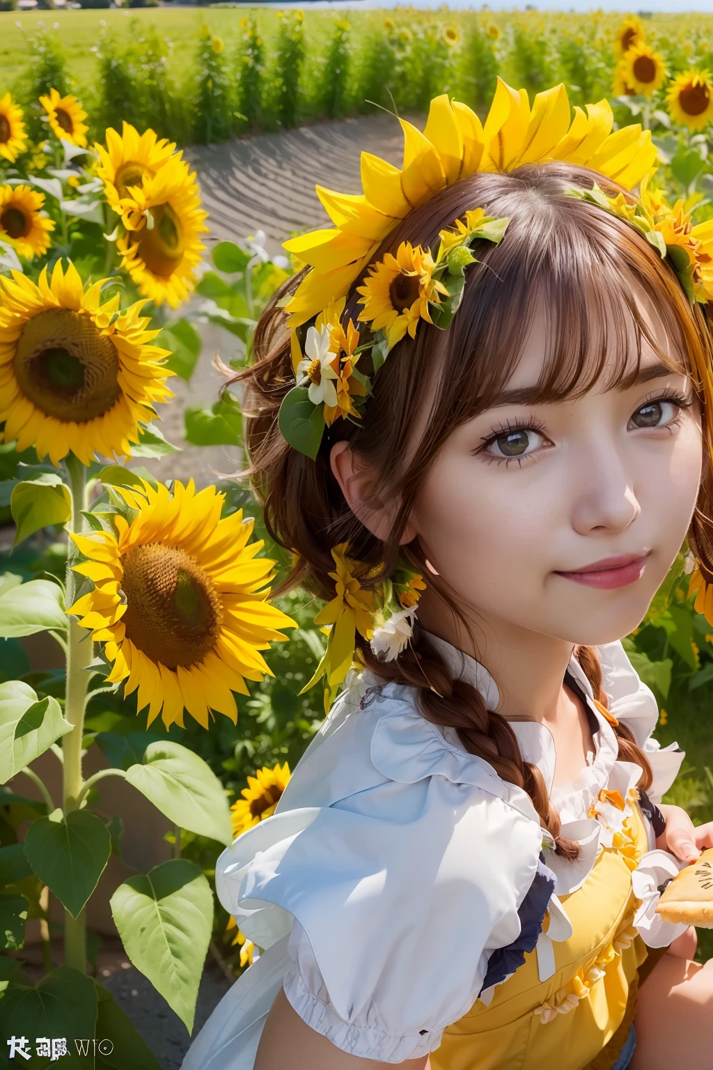 (Best Quality:1.2, 8k, photo realistic:1.4, Masterpiece:1.2, 135mm lens, super fine :1.2, caustics:1,2, back light, a beautiful girl, Highly Detailed face Textures, detailed beauty makeup, realistic skin, double eyelids, detailed bangs)), (((dirndl costume:1.2))),(sunflower headdress), (flower garden background), (chuckle), (brilliant shiny yellow and orange two-tone twin-tail hair), (ahoge), holding pizza, cowboy shot, wind, looking at viewer