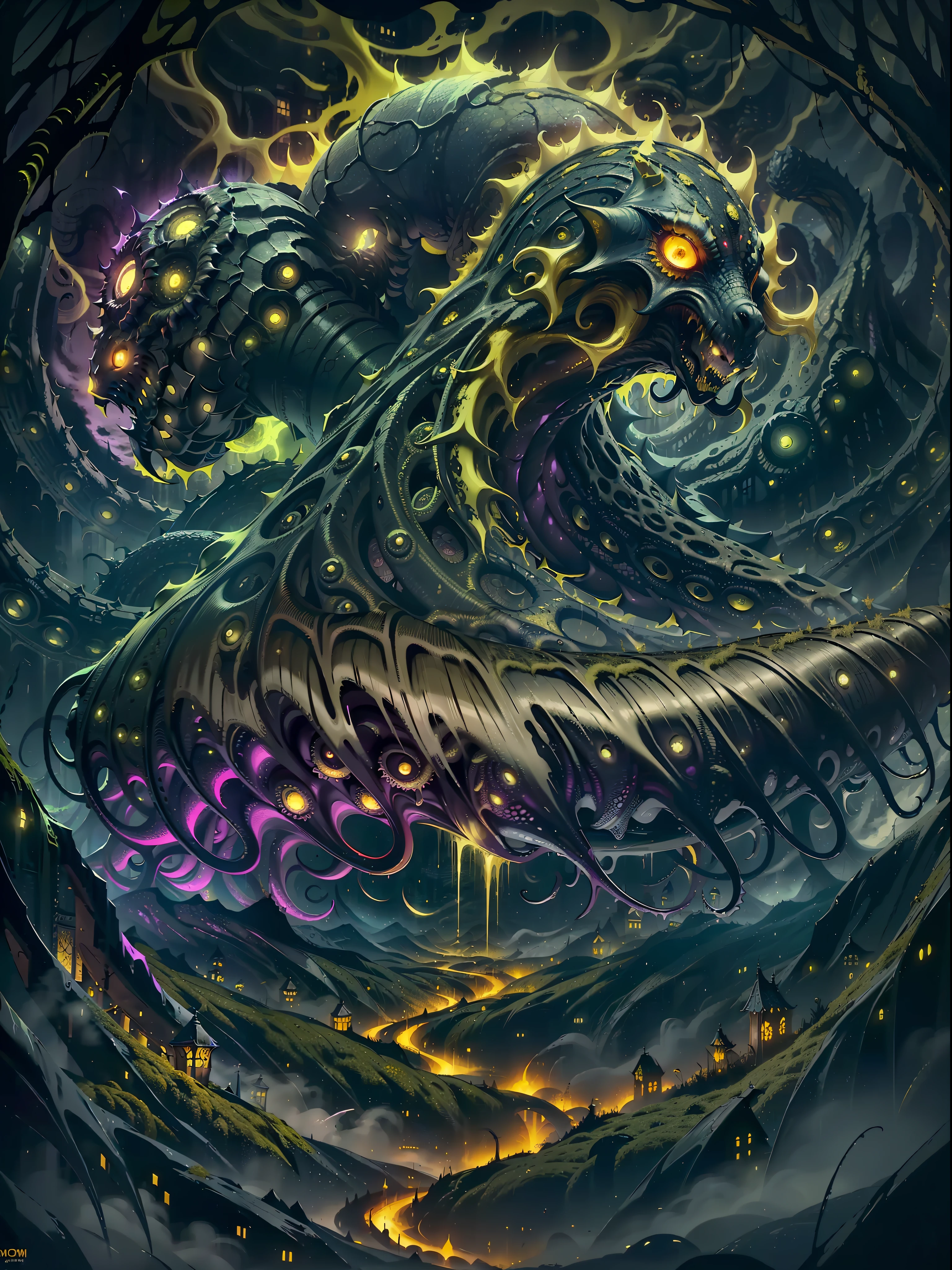 yellow and black, mystical monster, cosmic horror, monstrous creature, Lovecraft, with disgusting tentacles, surrounded by yellow fog, dark shadows, moss and blood, in a dark city, night