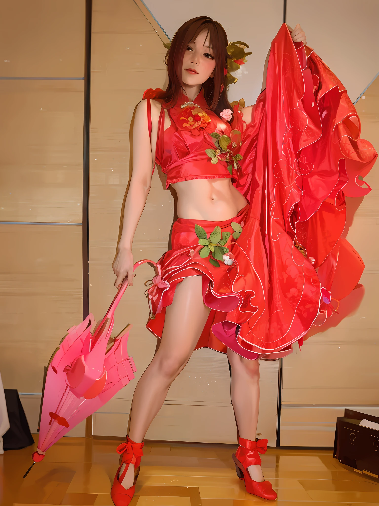 Arafin dressed in red with pink umbrella and pink purse inspired by Takanobu Fujiwara, cosplay of Ayaka, wearing red costume, wearing red cheongsam, go-go dancer, loli, ayaka, red kimono, Sakura Kinomoto, Ayami, Chinese ribbon dance, Thai costume, fancy decorated glamorous, see-through, skewed, abs