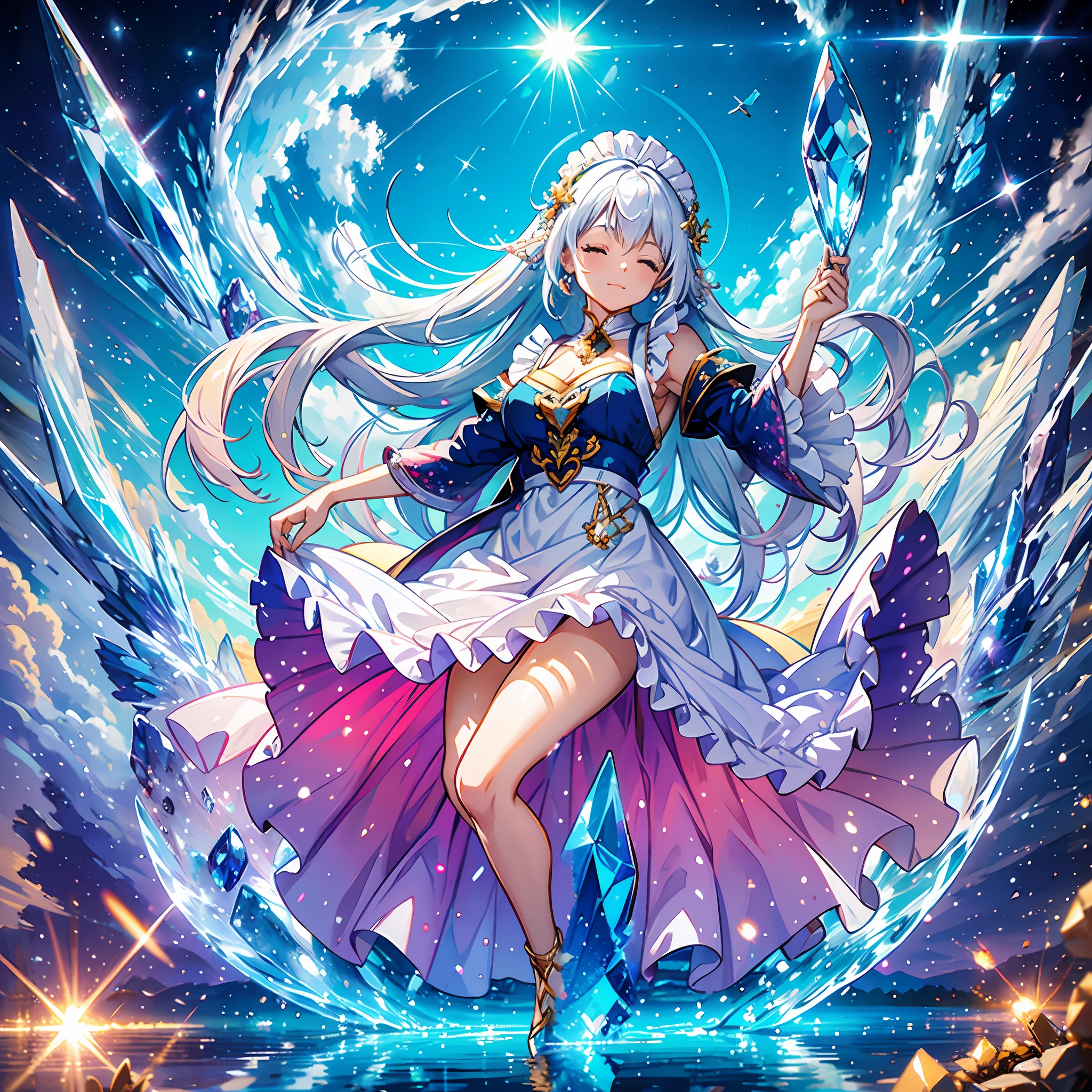 extremely detailed CG unity 8k wallpaper, masterpiece, best quality, 1girl, solo, full body, depth of field, scenery, (floating colorful crystals:1.1), (crystals on lake:1.1), extremely detailed blue sky, dancing, white hair, long hair, floating hair, white long dress, (crystal dress:1.1), (golden delicate apron:1.1), closed eyes, arm up, head tilt, light smile, standing on the lake, crystal shoes, extremely detailed sunlight, layers of clouds, shiny hair, shiny clothes, (bodily gyrations and contortions:1.1)