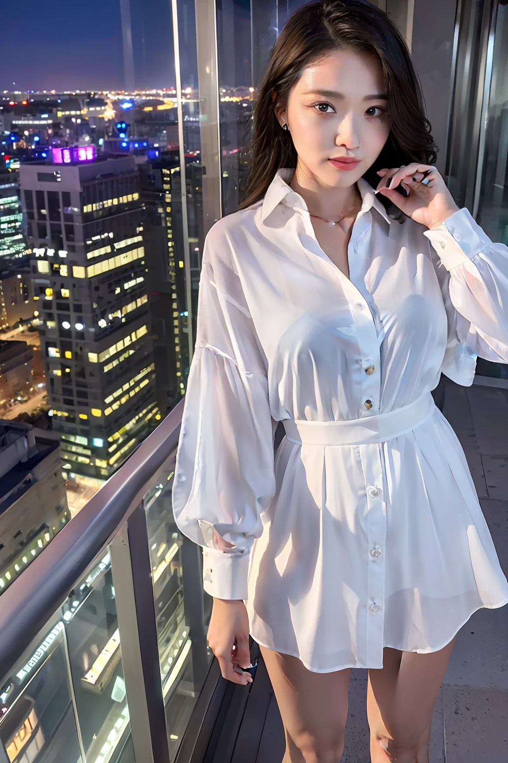 ((Best Quality, Masterpiece: 1.3)), A Girl, Full Body, Evening, (Light Fabric White Shirt), Happy Emoji, Standing: 1.2), ((City Night View), Balcony)), Face and skin texture very detailed, Eye details, Double eyelids, Make-up face, Charming eyes, High Heels, 8K, Ultra HD