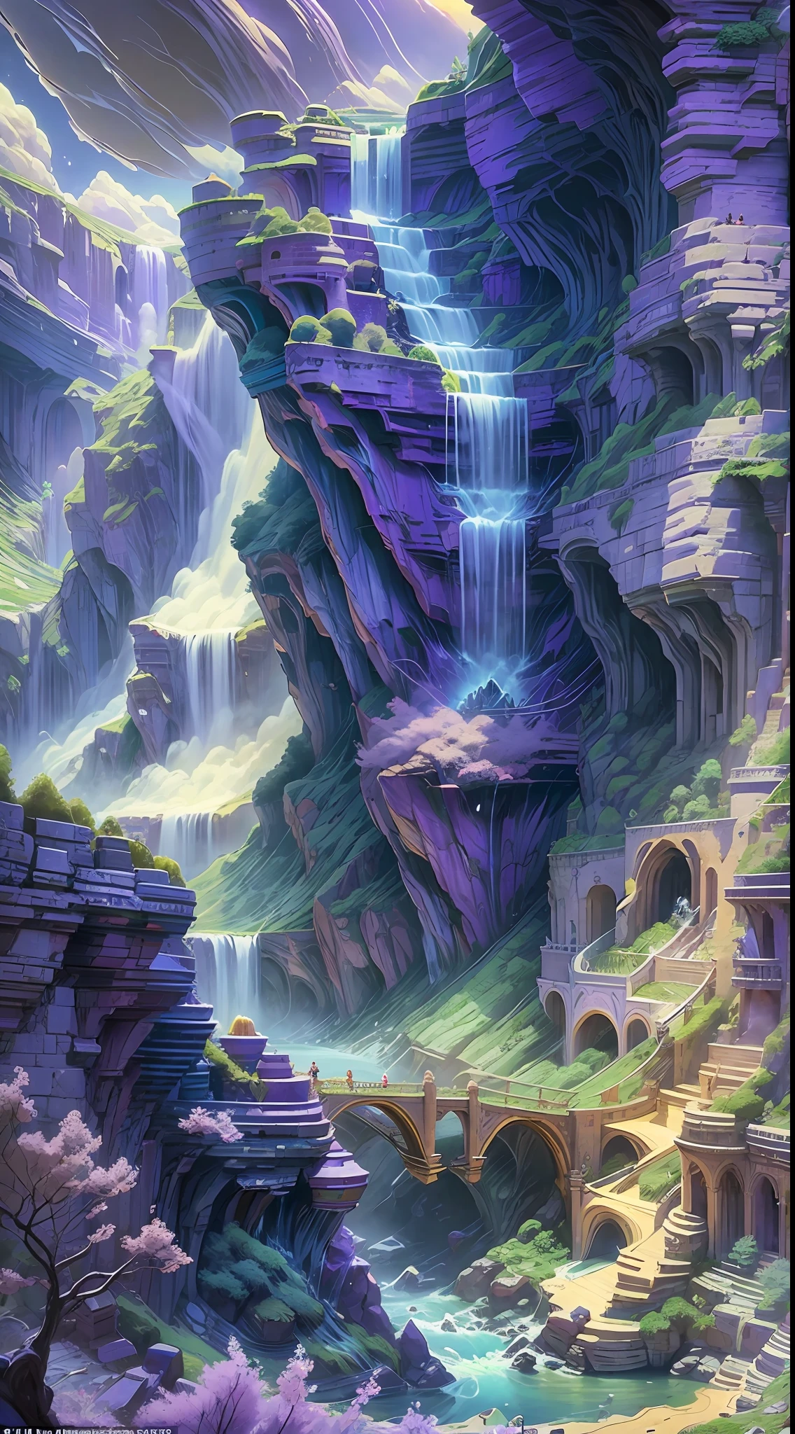 The incense burner in the sunshine produces purple smoke, and you can see the waterfall hanging from the front river. The flying stream fell 3,000 feet, and it was suspected that the Milky Way fell for nine days