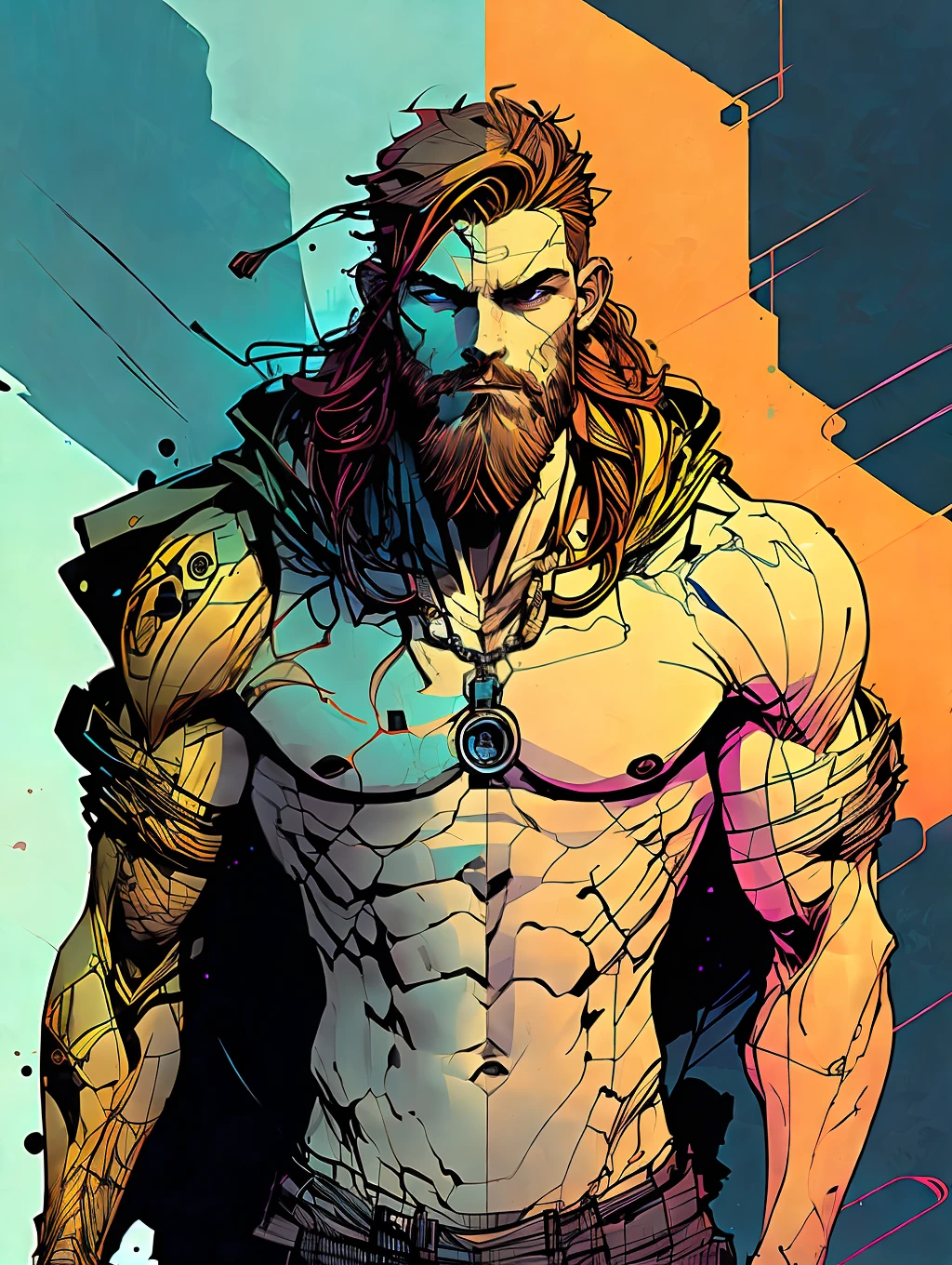 Nvinkpunk, painted portrait of stout zeus, god of thunder, greek god, blond hair, male, mature, handsome, upper body, muscular, hairy torso, fantasy, intricate, elegant, highly detailed, digital painting, art station, concept art, soft, sharp focus, illustration, art by Gaston Bussiere and Alphonse Mucha