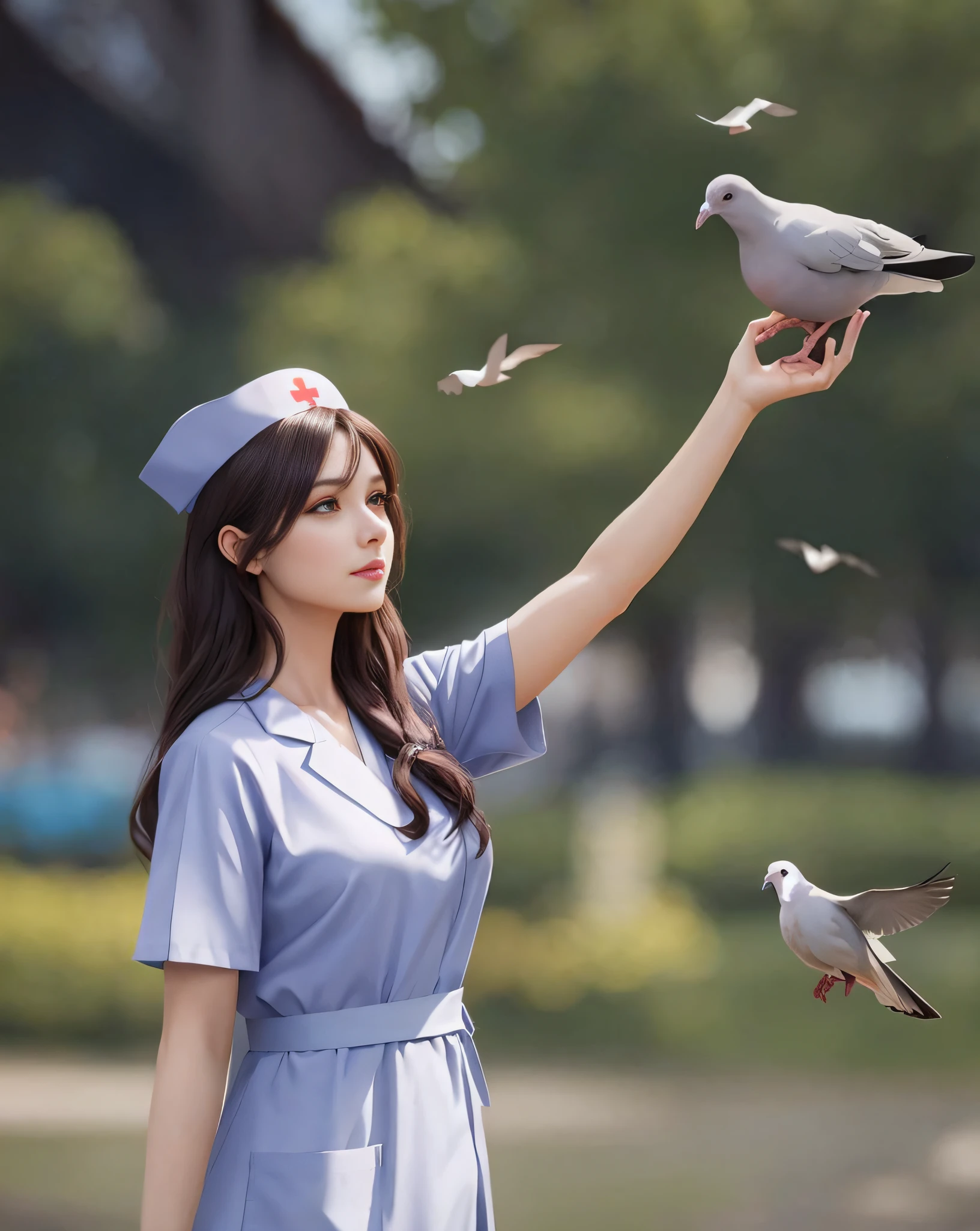 Arad woman in white nurse uniform holding a dove in her hand, nurse girl, nurse, beautiful digital artwork, inspired by Koson Ohara, sakimichan, korean girl, realistic cosplay, beautiful realistic photos, realistic anime 3D style, nursing, high-quality fan art, real wings, nurse costume, professional role-play, Arad woman in nurse uniform stretched out, front side, hands holding dove, nurse girl, WWII nurse sitting on a nearby table with wine bottle, smiling, white clothes, nostalgic, sexy, stethoscope, majestic painting of heart specialty, Ed Blinkey, Atey Ghailan, Studio Ghibli, by Jeremy Mann, Greg Manchess, Antonio Moro, Trends on ArtStation, Trends on CGSociety, Intricate, High Detail, Sharp, Theatrical, Realistic Art of Painting, Written by Midjourney and Greg Rutkowski