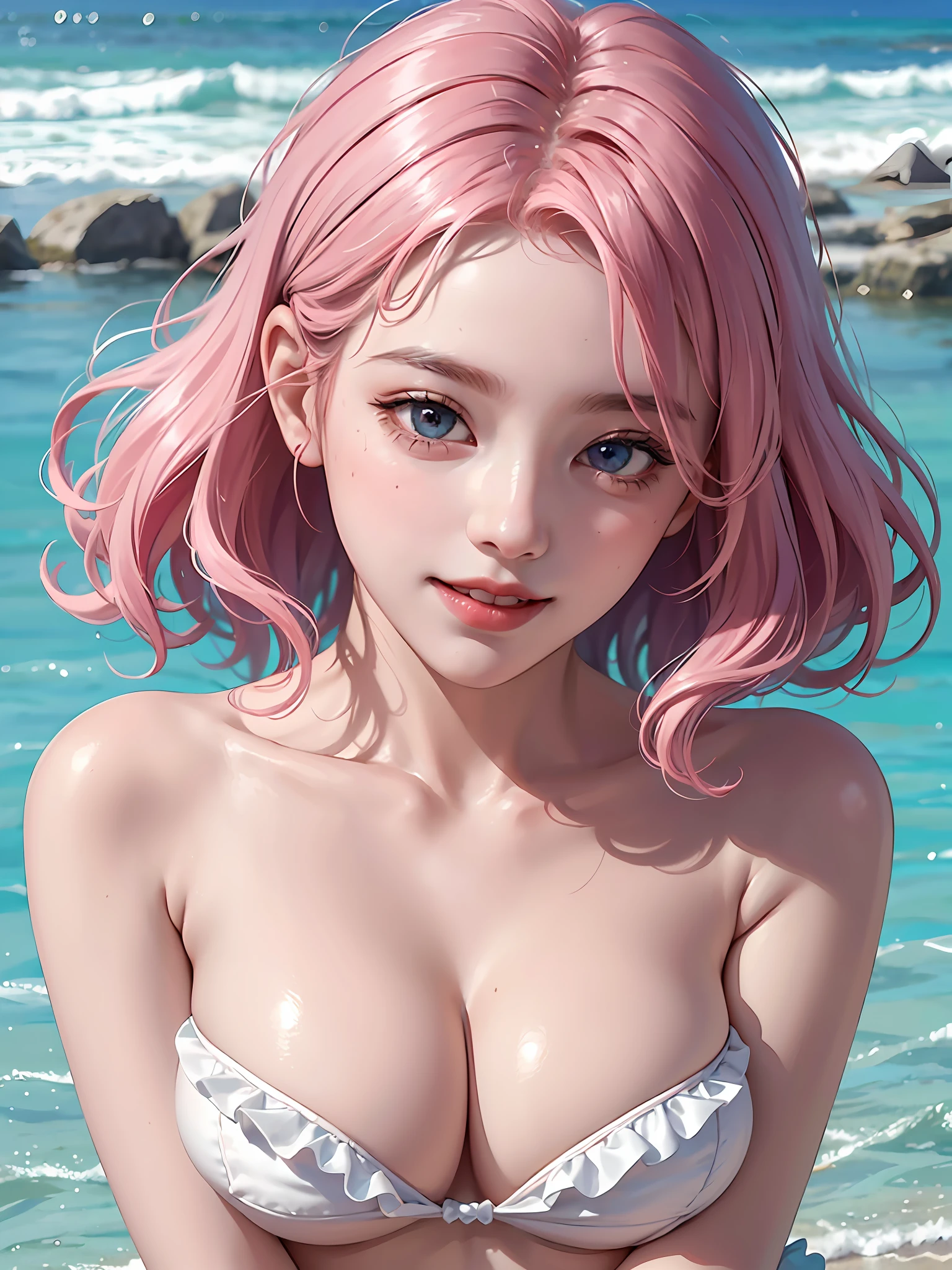 Cute micro bikini with frills, upper body up, pink curly hair, huge, (I cup), beautiful girl, young, cute, best smile, seaside, camera gaze, 8k, very detailed, best image quality, realistic, photorealistic, masterpiece, beautiful detailed girl, very detailed eyes and face, beautiful detailed eyes, sexy lips, shiny skin,