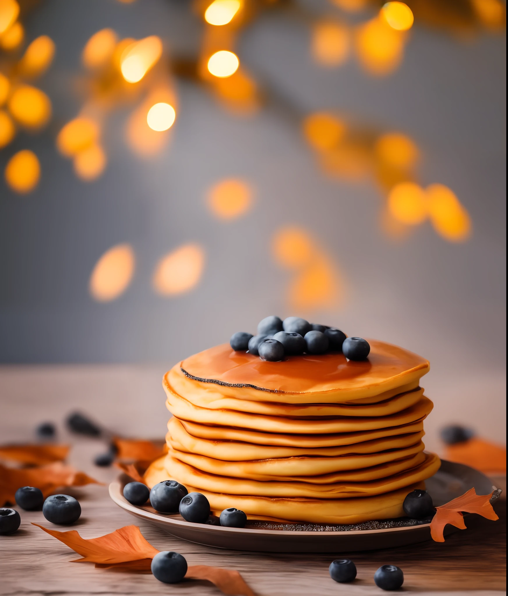 a towering landscape of pancakes dripping with maple syrup and blueberries on a table, autumn wind, contest winner 2021, 🎀 🍓 🧚, harvest, sofya emelenko, (sweet night ambient, bokeh lights in the background:1.1), CHV3CFoodPorn, perfect composition, Professional, masterpiece, commissioned, best quality, Color Corrected, fixed in post, emended, ameliorated, idyllic