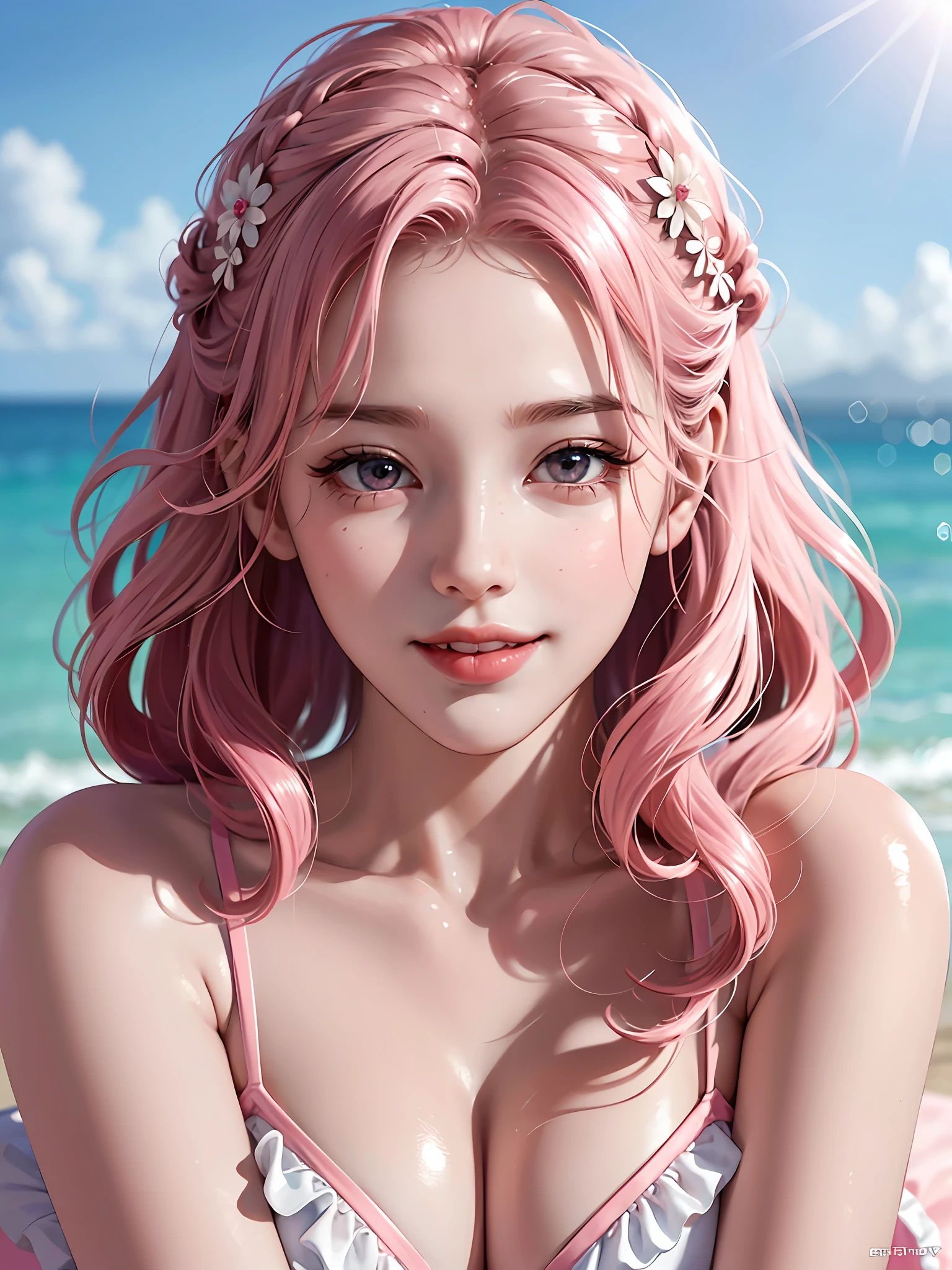 Cute micro bikini with frills, upper body up, pink curly hair, huge, (I cup), beautiful girl, young, cute, best smile, seaside, camera gaze, 8k, very detailed, best image quality, realistic, photorealistic, masterpiece, beautiful detailed girl, very detailed eyes and face, beautiful detailed eyes, sexy lips, shiny skin,