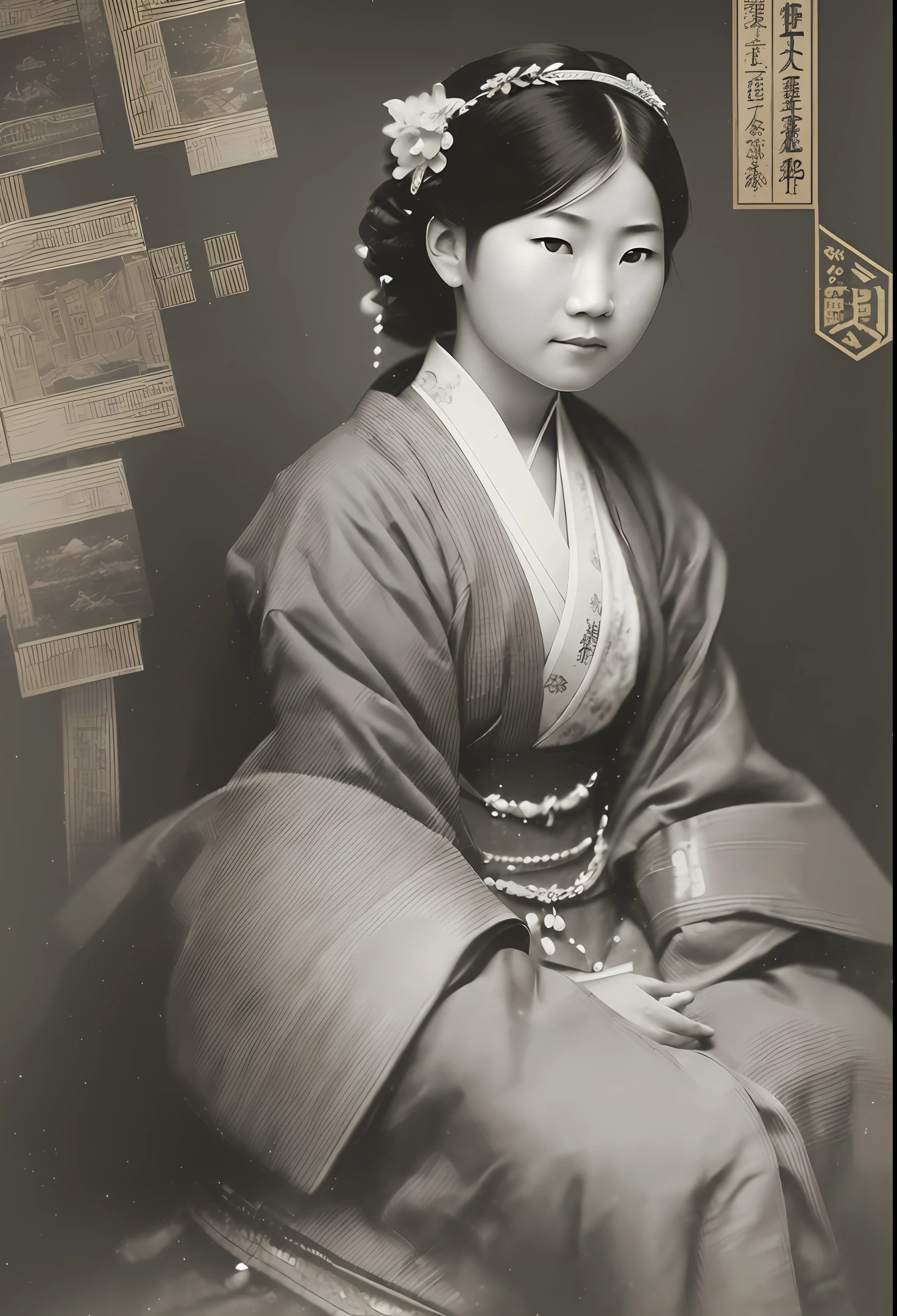 imagine ((8k:1.27), best quality, masterpiece, ultra highres:1.2) Photo of a Japanese (asian) (japanese) immigrant family from the early 20th century, (linda:1.1) (immigrants:1.1) elegant, (monochrome), noise in photo, blurred background, detailed, metric by greg rutkowski and alphonse mucha, gradient lighting. --auto --s2