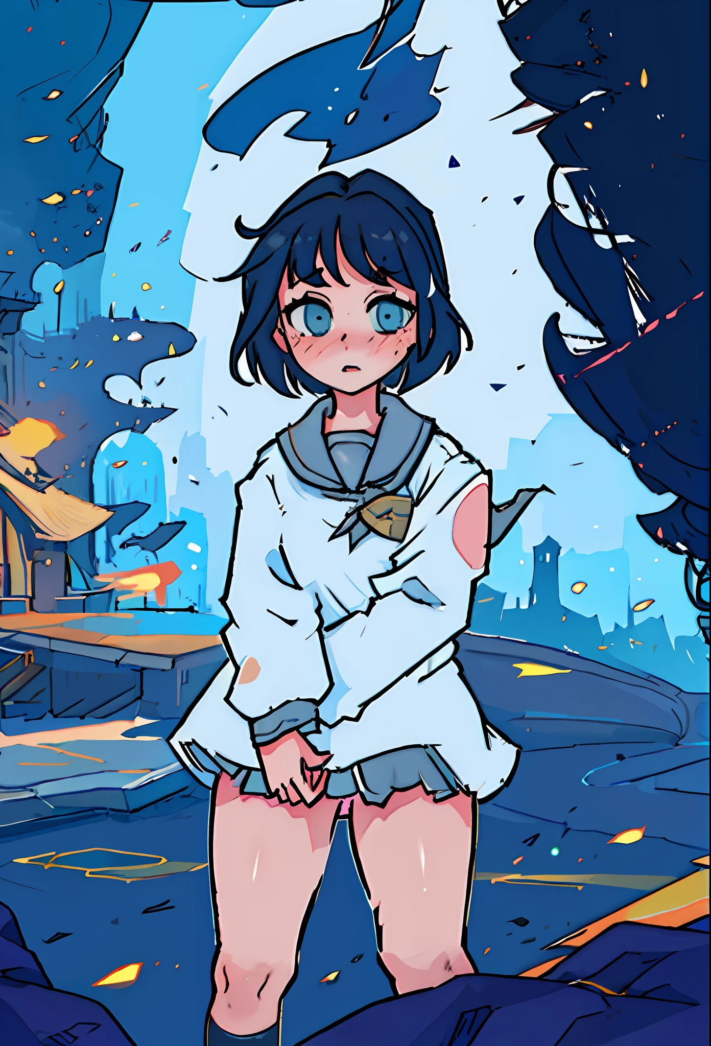 (aesthetically pleasing) Thick lines, soft lighting, city background, (embarrassed) girl in a (school uniform+short hair), standing, galaxy sky