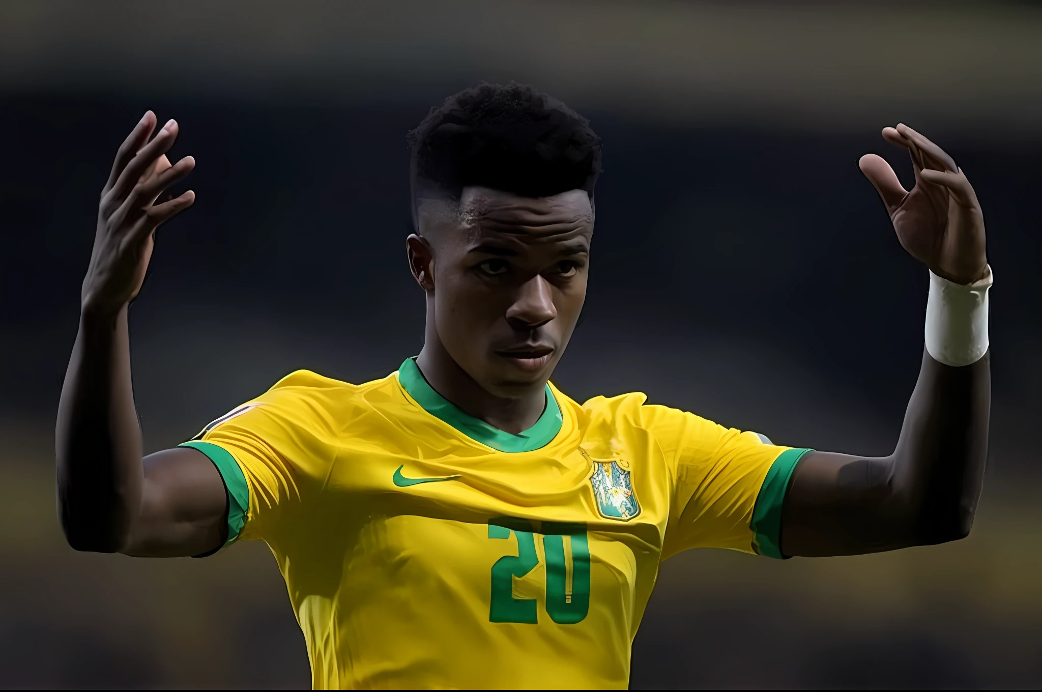 ((best quality)), (ultradetail)), (scenery)), Photo, Scene:Football stadium, Subject: Anti-Racism, Vinicius Jr, Appearance: Muscular, Movement: Gesture of struggle, Expression: Fierce, Holding a football, gold necklace, nudity on the upper body, tattoo of the sports mafia, vision: 2K. --auto --s2