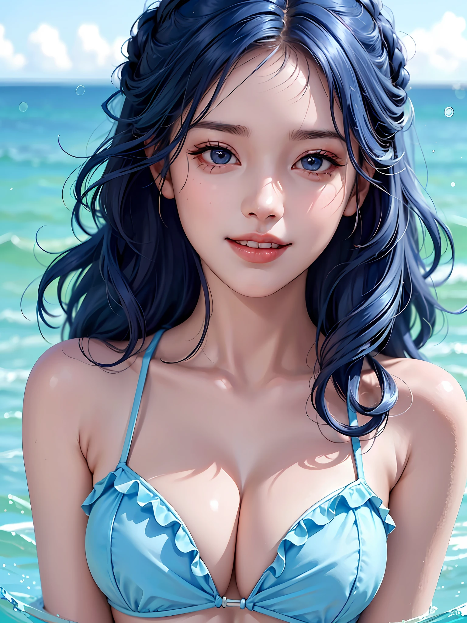 Cute micro bikini with frills, upper body close-up, blue curly hair, big, (I cup), beautiful girl, young, cute, best smile, seaside, camera gaze, 8k, very detailed, best quality, realistic, photorealistic, masterpiece, beautiful detailed girl, very detailed eyes and face, beautiful detailed eyes, sexy lips, shiny skin,