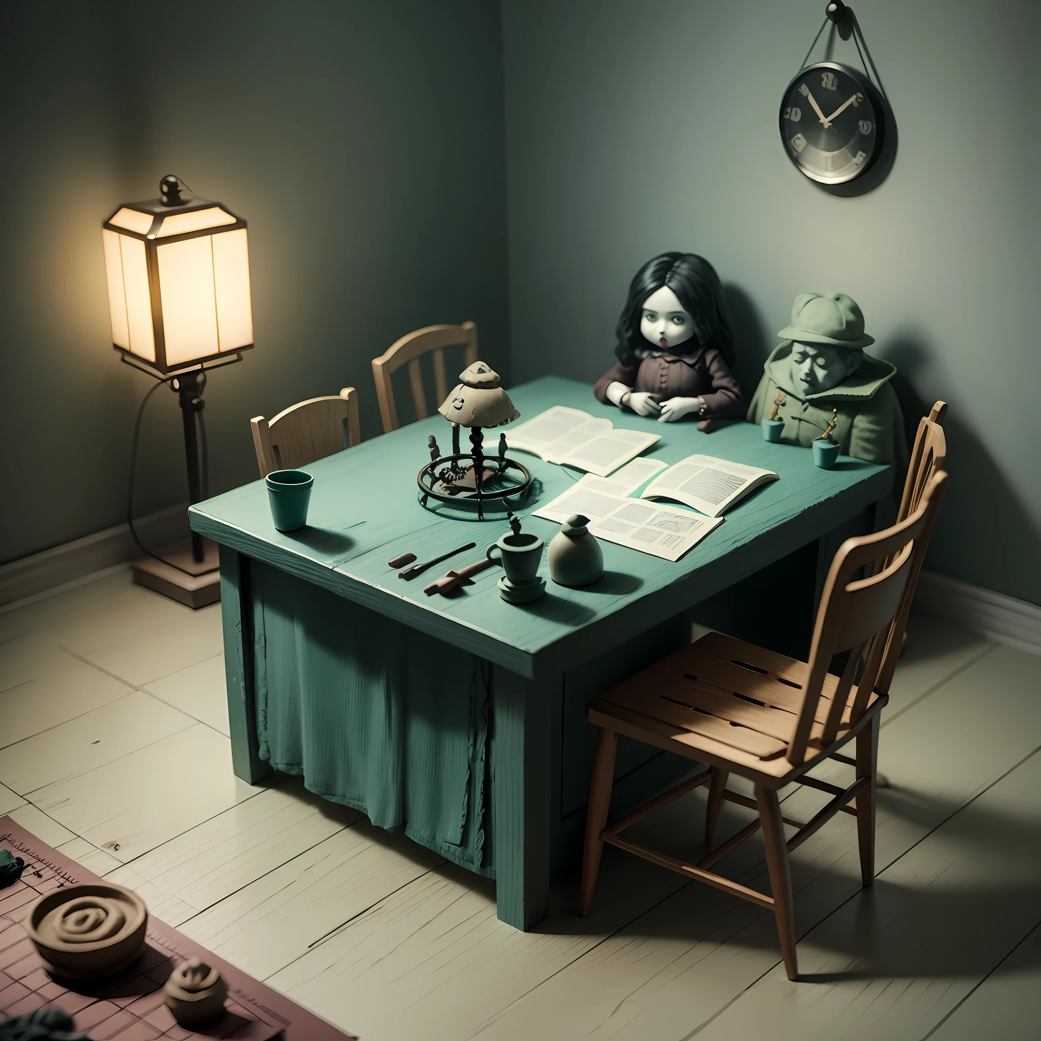 STOP-MOTION ANIMATION STYLE DARK HORROR DOLL ROOM. Style of director Roy Andersson. Miniature. Clay. --auto --s2