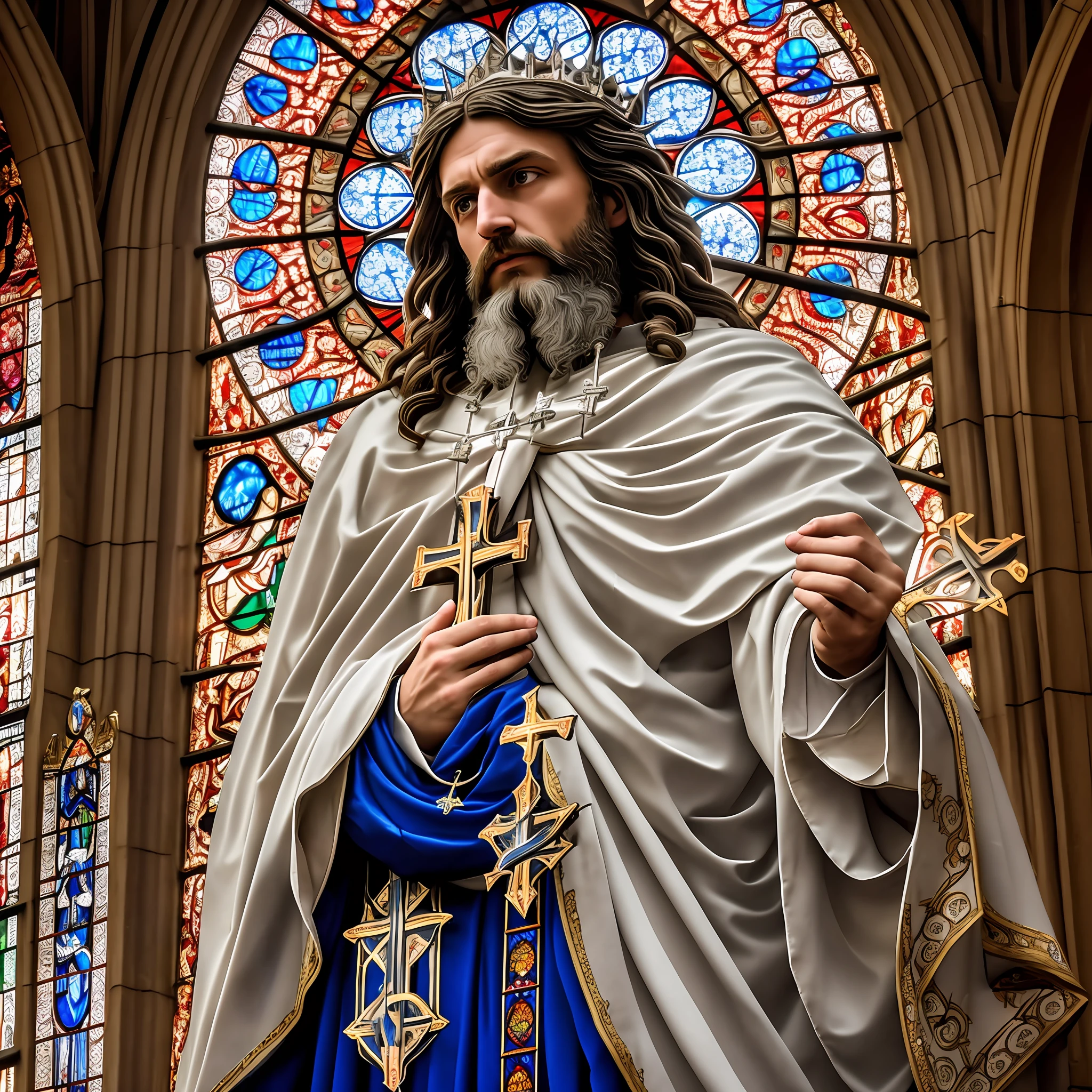 (extremely detailed CG unity 8k wallpaper, masterpiece, best quality, ultra-detailed), best illumination, best shadow, an extremely delicate and beautiful, floating,
[(1 figure), white robe, crown of thorns, savior, (beard), (blue eyes), (divine light), hands outstretched, (nail wounds on hands), dramatic angle],
(stained glass window, holy cross, church), (vastness), (sacred atmosphere).