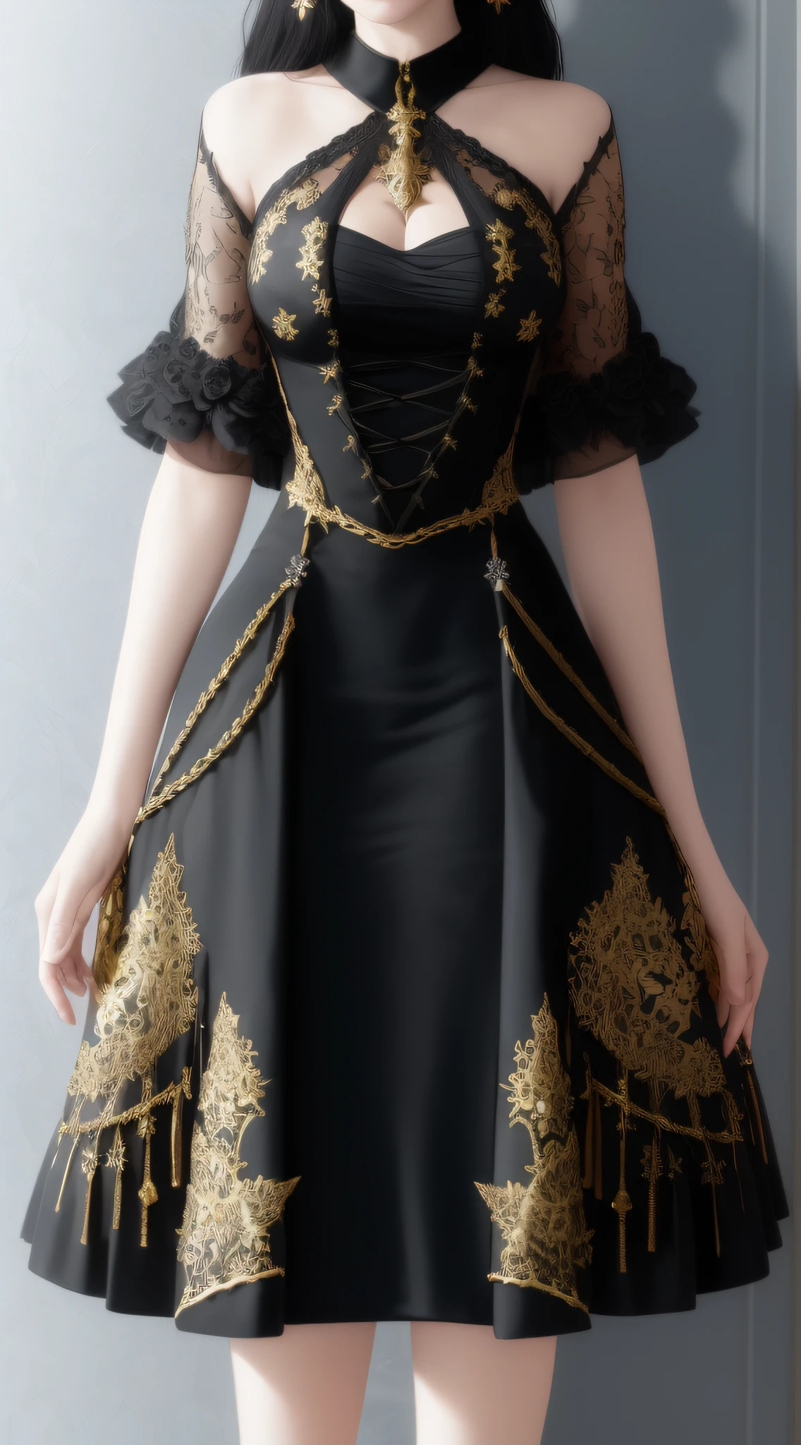 (Costume design, highly detailed black dress with gold flowers, highly detailed fantasy style, detailed and rich, realistic women's clothing, elegant full body, rich extra details)