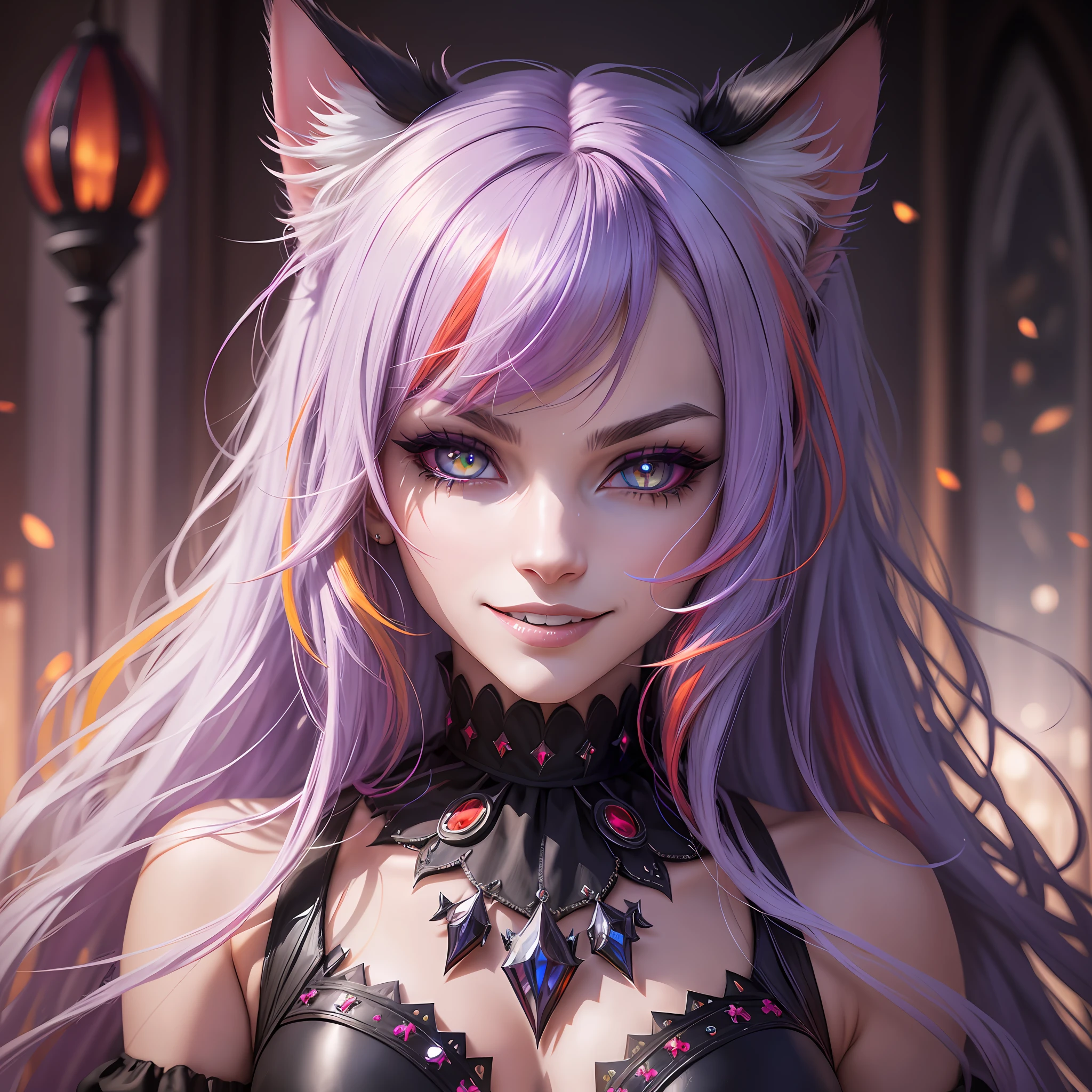 multicolored hair, jewelry, multicolored eyes, cat ears, evil smile, Gothic art, cinematic lighting, sparkle, symmetry, first-person view, f/1.2, masterpiece, best quality, high quality, UHD