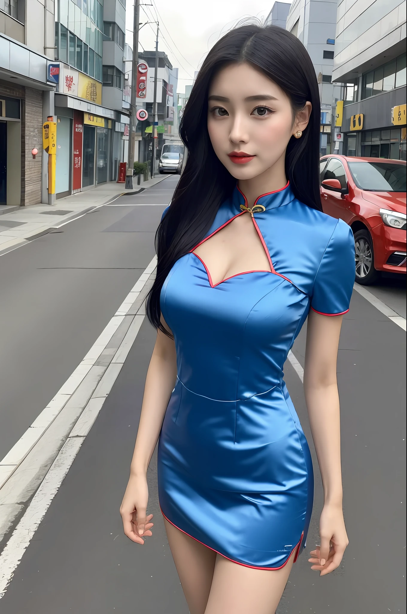 Woman in Chinese dress standing on street corner, bare skin without makeup, bare legs, thighs, chinese girl, chinese woman, (((Huge bust))), beautiful asian girl, gorgeous chinese model, young asian girl, chinese dress, asian girl, asian woman, traditional china, young asian woman, korean girl, cute young young woman, beautiful asian woman, cheongsam, asian woman, Japan model, chinese style, Japan goddess, very tall