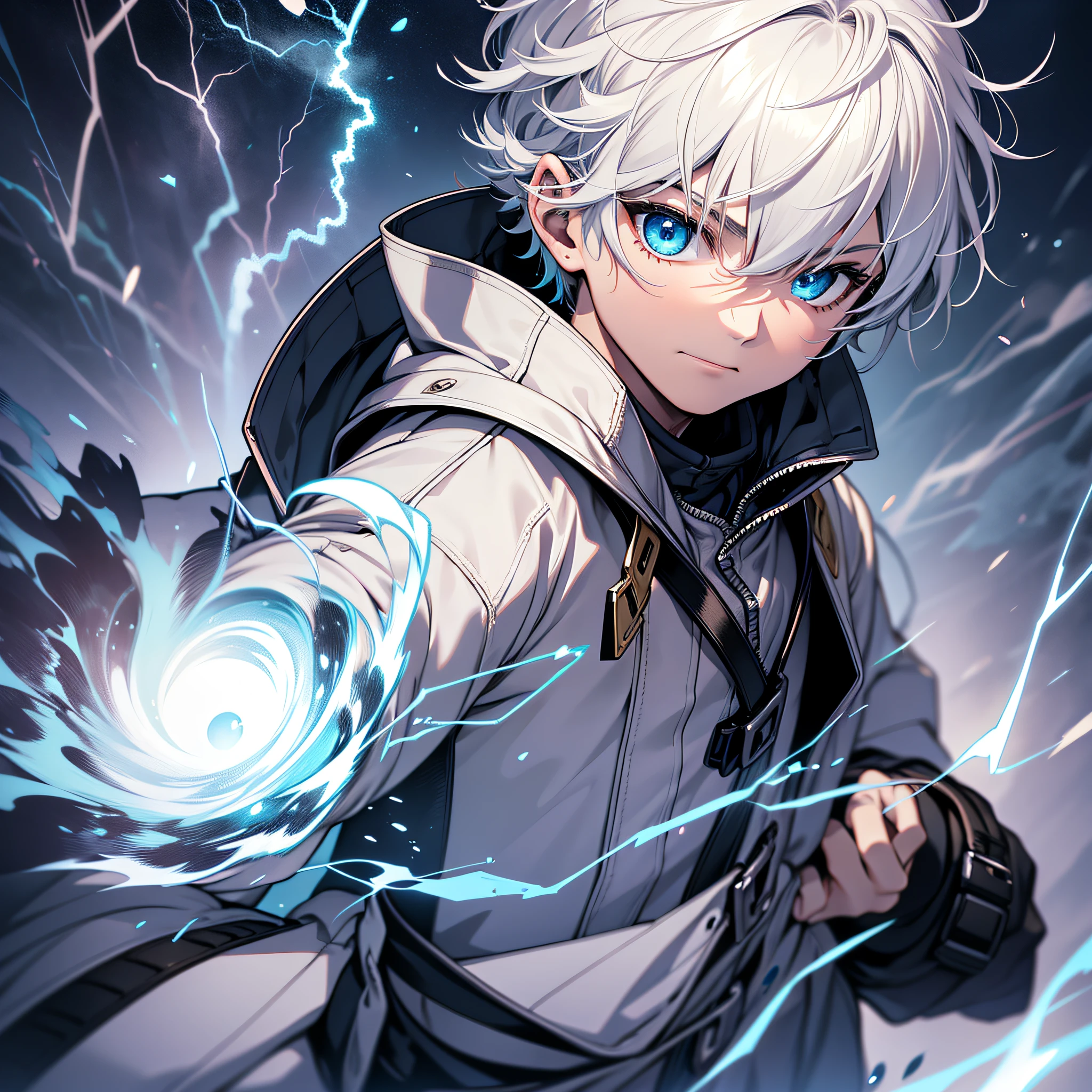 Ultra HD, Super Detail, High Detail, Best Quality, High Quality, A Three Year Old Boy with Short White Hair, Blue Eyes, Lightning Mage, Lightning Scatter