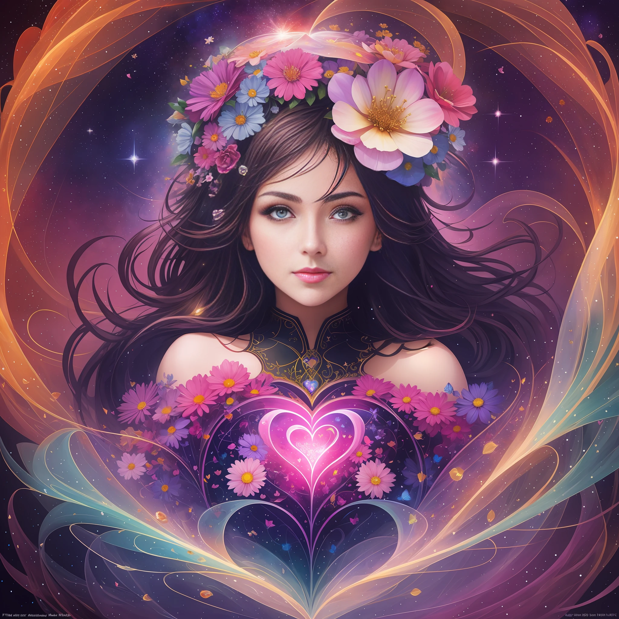 Flowering heart which floating in the starry night, ultra hd detailed,digital art , splash, , centered, symmetry, painted, intricate, volumetric lighting, beautiful, rich deep colors masterpiece, sharp focus, ultra detailed, in the style of Patrice Murciano