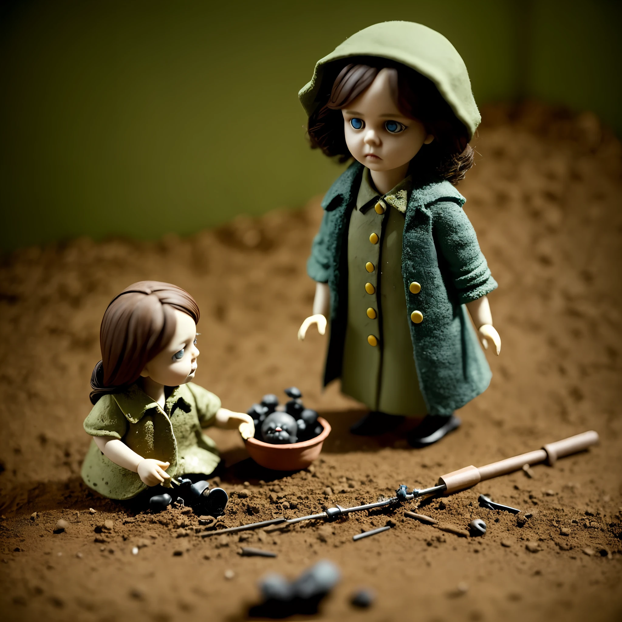 dark dolls, horrifying, horror, STOP-MOTION ANIMATION style. Style of director Roy Andersson. Miniature. Clay. --auto --s2