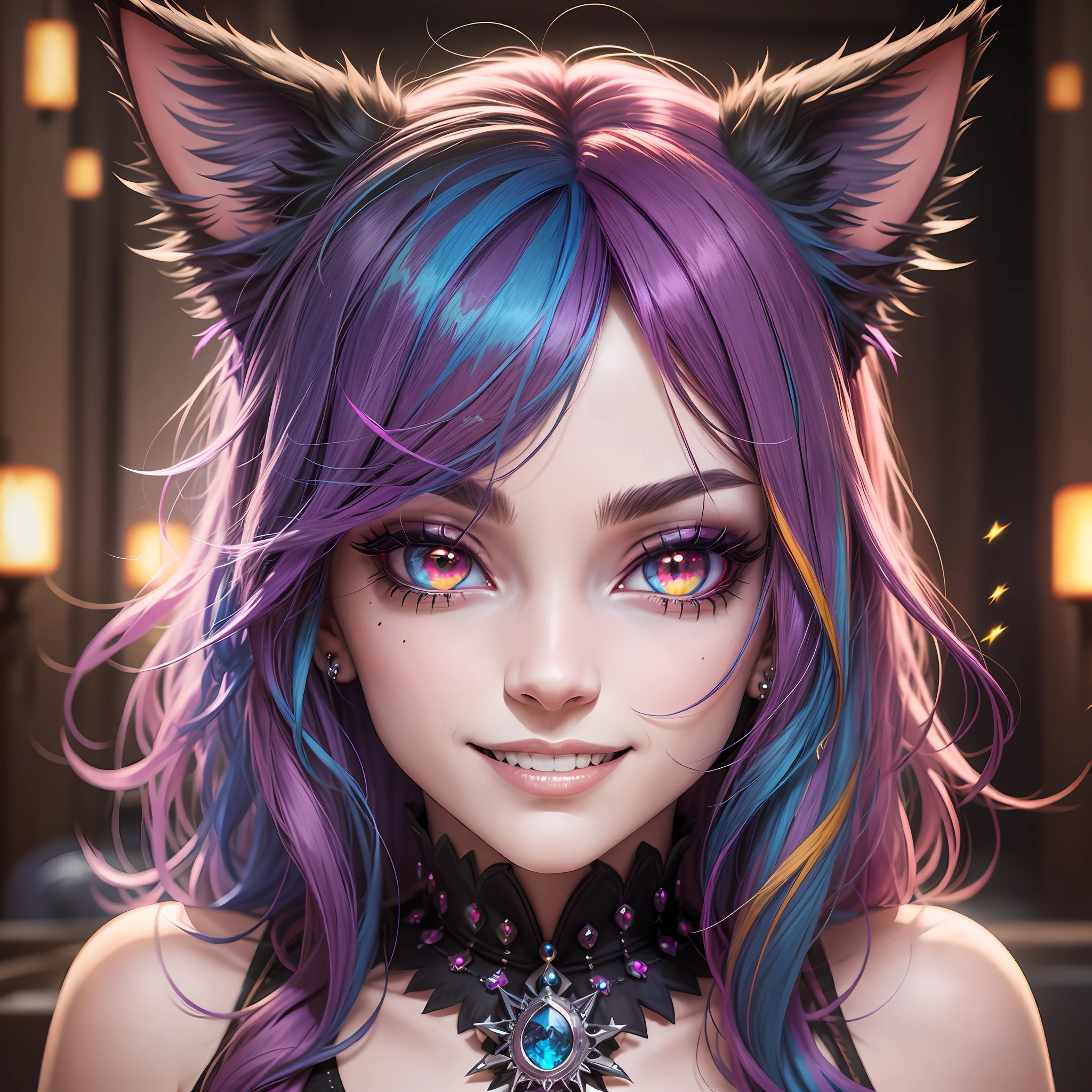 multicolored hair, jewelry, multicolored eyes, cat ears, evil smile, Gothic art, cinematic lighting, sparkle, symmetry, first-person view, f/1.2, masterpiece, best quality, high quality, UHD