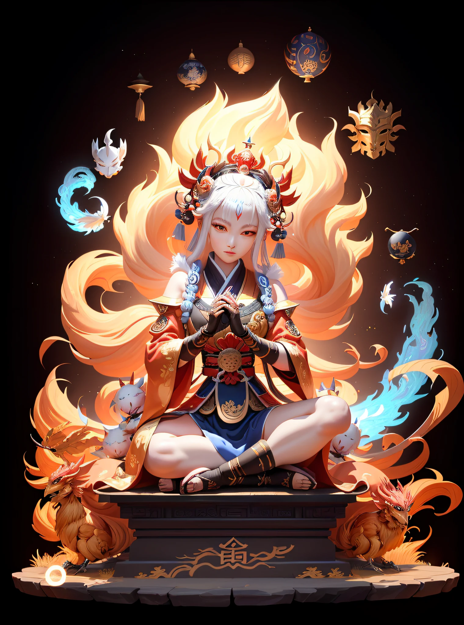 Close-up of statue of woman with bird on head, Onmyoji detailed art, Onmyoji, Asura in Chinese mythology, Onmyoji portrait, Sun Wukong, Taoist monk, Nine Tails, 8K high-quality detail art, inspired by Puhua, RossdrawsGlobal Lighting, Japanese God, Wu Zetian, cartoon face, majesty,