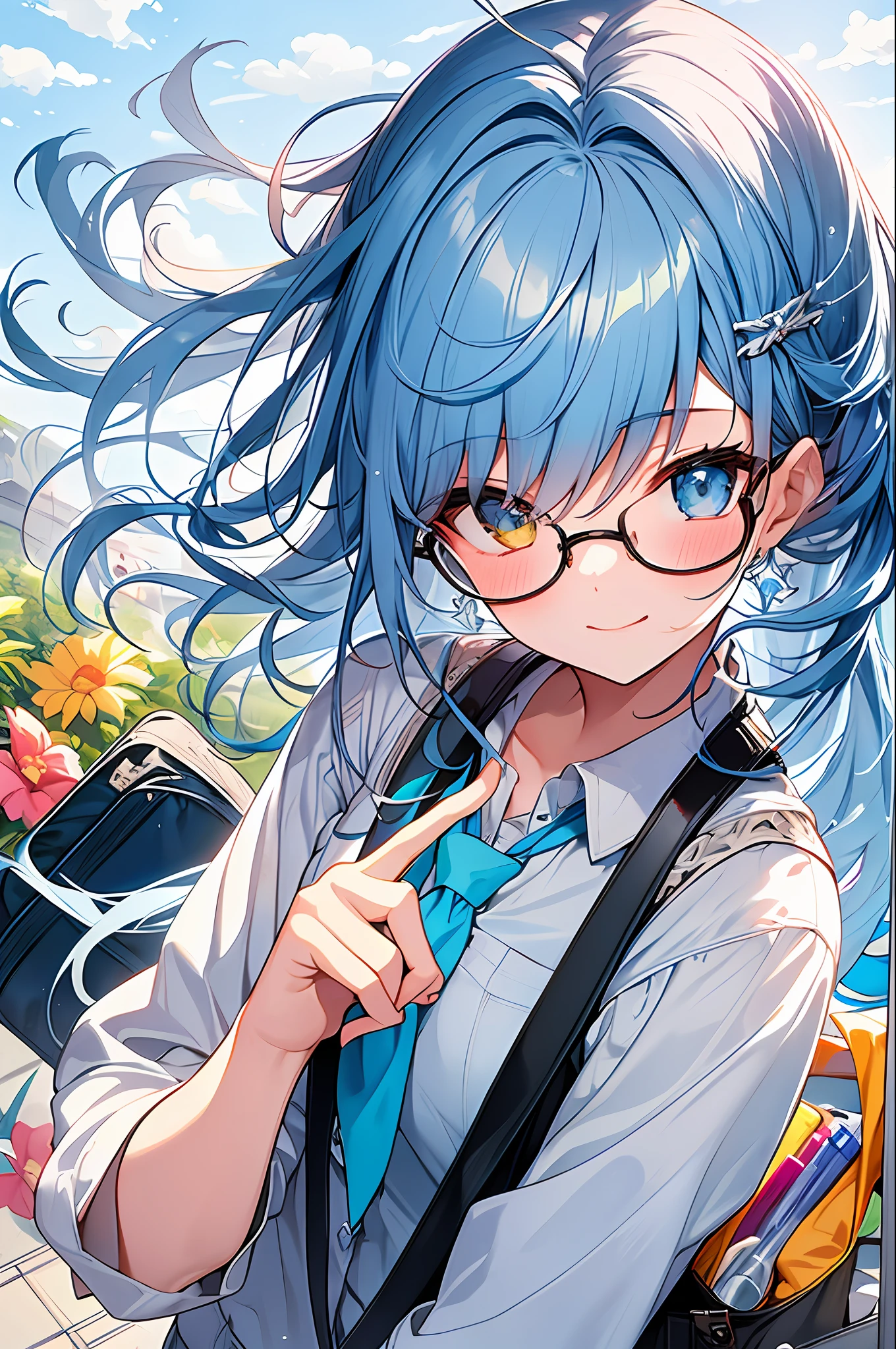 (Masterpiece, Best Quality, Best Quality, Watercolor (Medium), Official Art, Beautiful and Aesthetic: 1.2), (1 Girl: 1.3), (Fractal Art: 1.3), Full Body, Star-shaped Pupil, Viewer's Look, Pattern, (Blue Hair, Light Blue Hair, Half Blue and Half Light Blue Hair: 1.2), Water, Liquid, Cloud, Colorful, Sun, Sunlight, Cheeks Red, Smile, Glasses, Heterochromia, (Colorful: 1.5), Wet, School Uniform, Student Bag