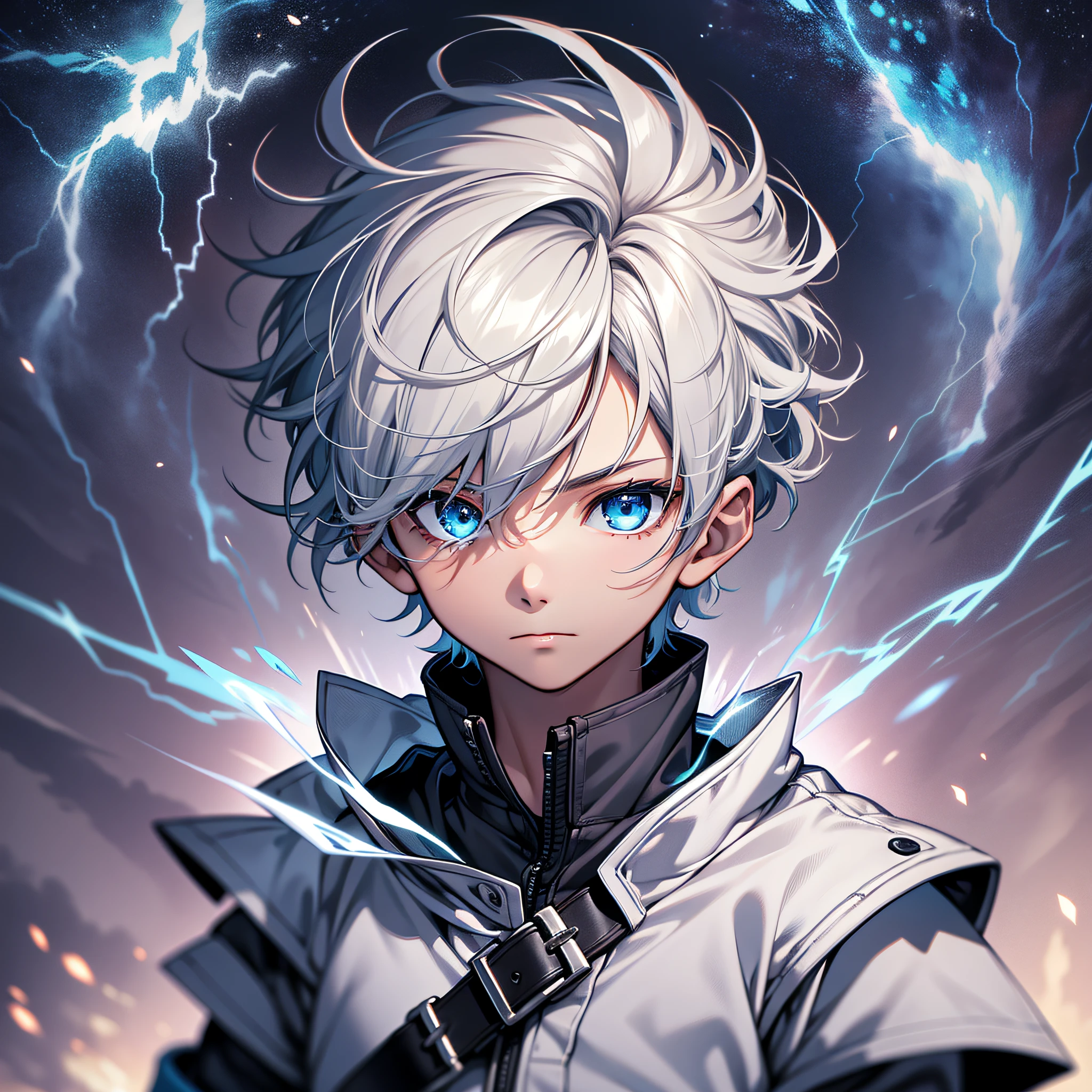 Ultra HD, Super Detail, High Detail, Best Quality, High Quality, A Three Year Old Boy with Short White Hair, Blue Eyes, Lightning Mage, Lightning Scatter
