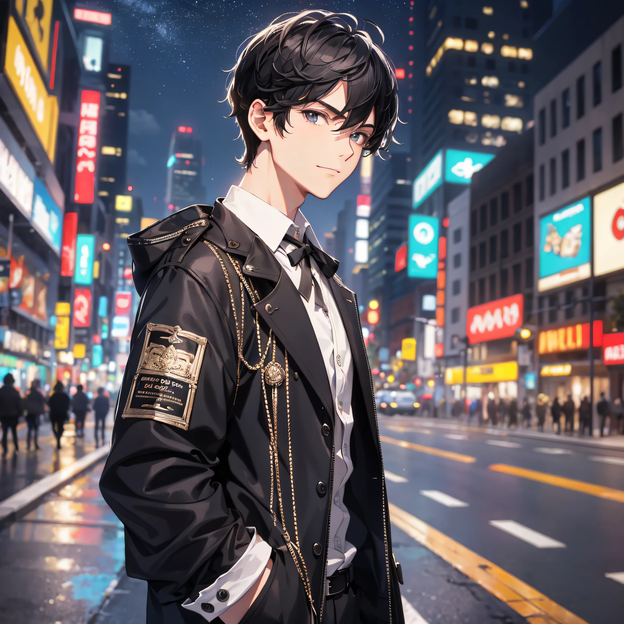 Absurd resolution, high resolution, (masterpiece: 1.4), hyper-detail, single (1.5), at night, standing on the side of the road, young man dressed up with messy short black hair, smug expression