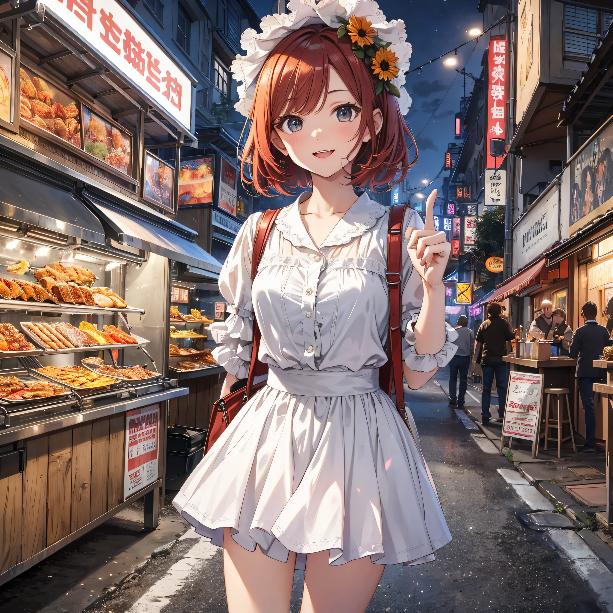 Absurd resolution, high resolution, (masterpiece: 1.4), hyper-detailed, at night, standing on the side of the road, nearby is a barbecue food stall, ung woman, short red hair, white skirt, excited expression