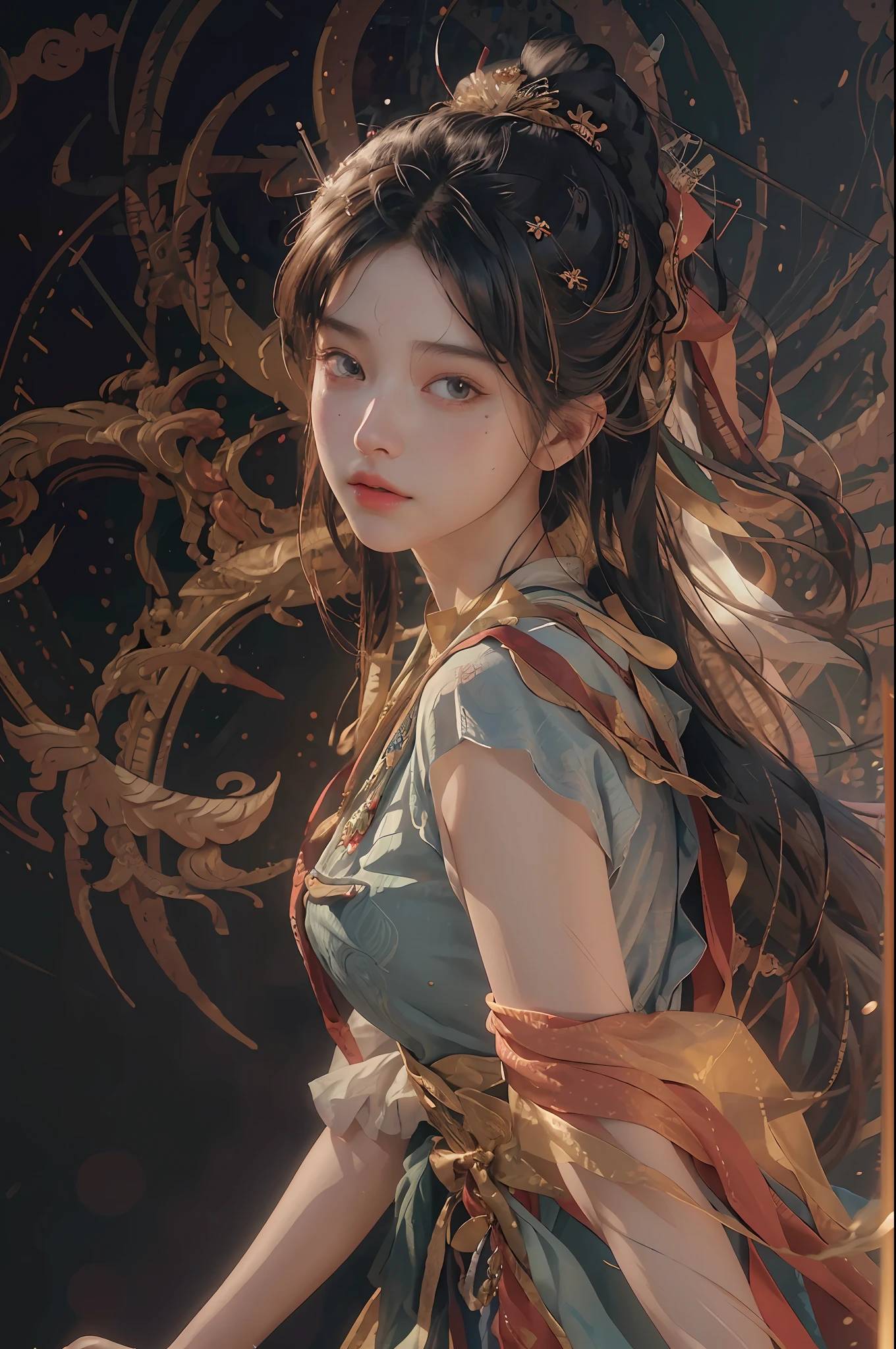 (RAW photo, best quality), (realistic, photo-realistic:1.3),best quality,highly detailed,masterpiece,ultra-detailed,illustration,1girl,upper_body,dynamic angle,world masterpiece theater,messy_long_hair,best quality,extremely detailed CG unity 8k wallpaper,ink,Amazing,cinematic lighting,lens_flare, dunhuang_style